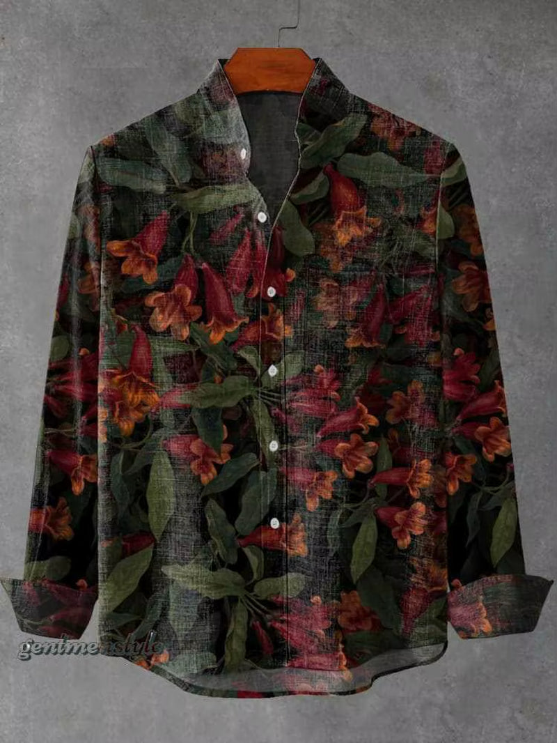 2025 Spring and Autumn Men'S Fashion Stand Collar Linen Long Sleeved Shirt Elegant Fragmented Pattern Printed Top