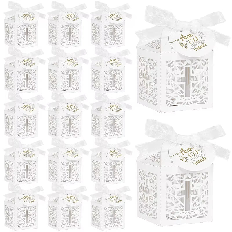 20/50Pcs Christening Favors Candy Box Gift Packaging Box with Thank You Tag Kids Birthday Party First Communion Baptism Supplies