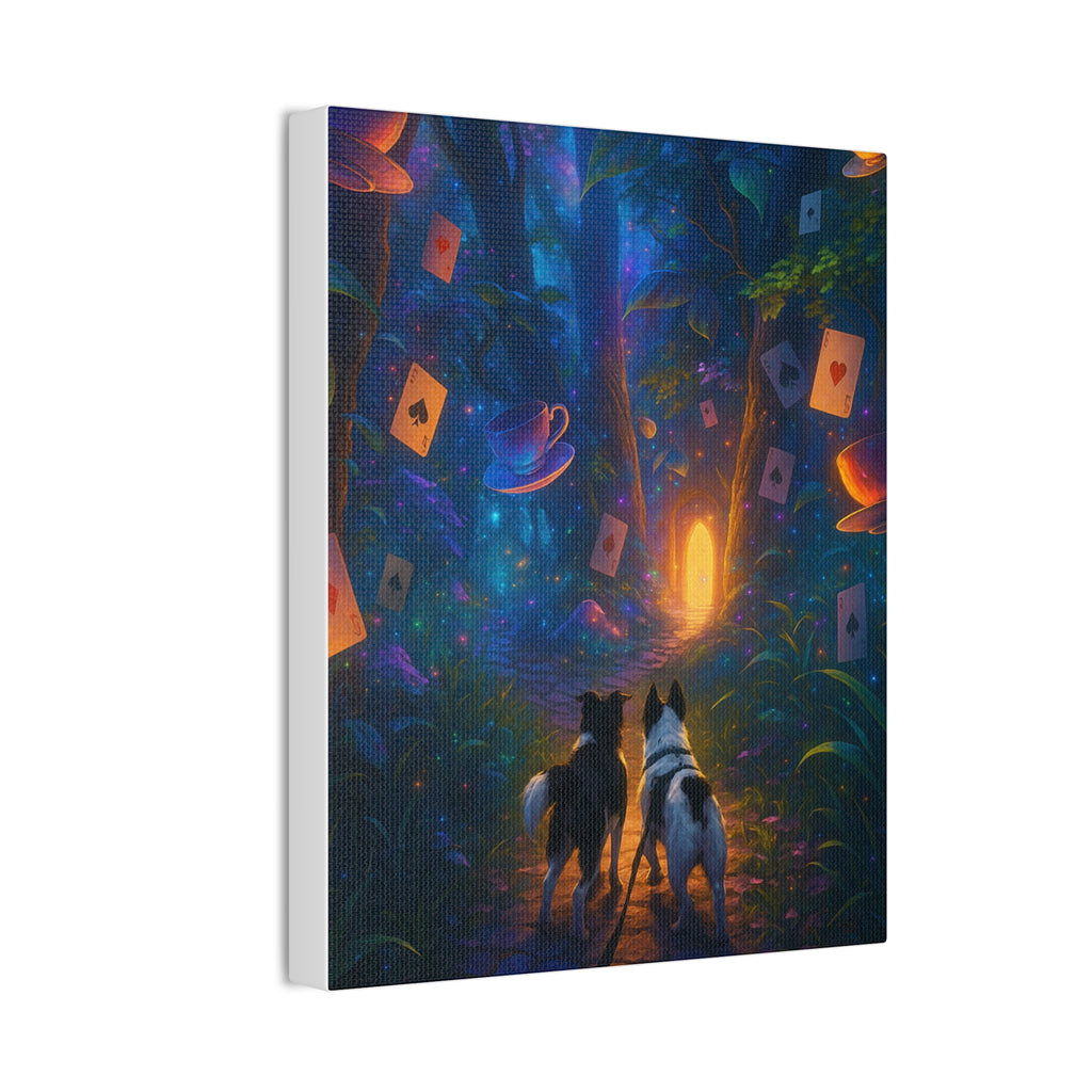 Magic Forest Canvas Wall Art — Dogs Exploring Wonderland with Glowing Door & Floating Playing Cards