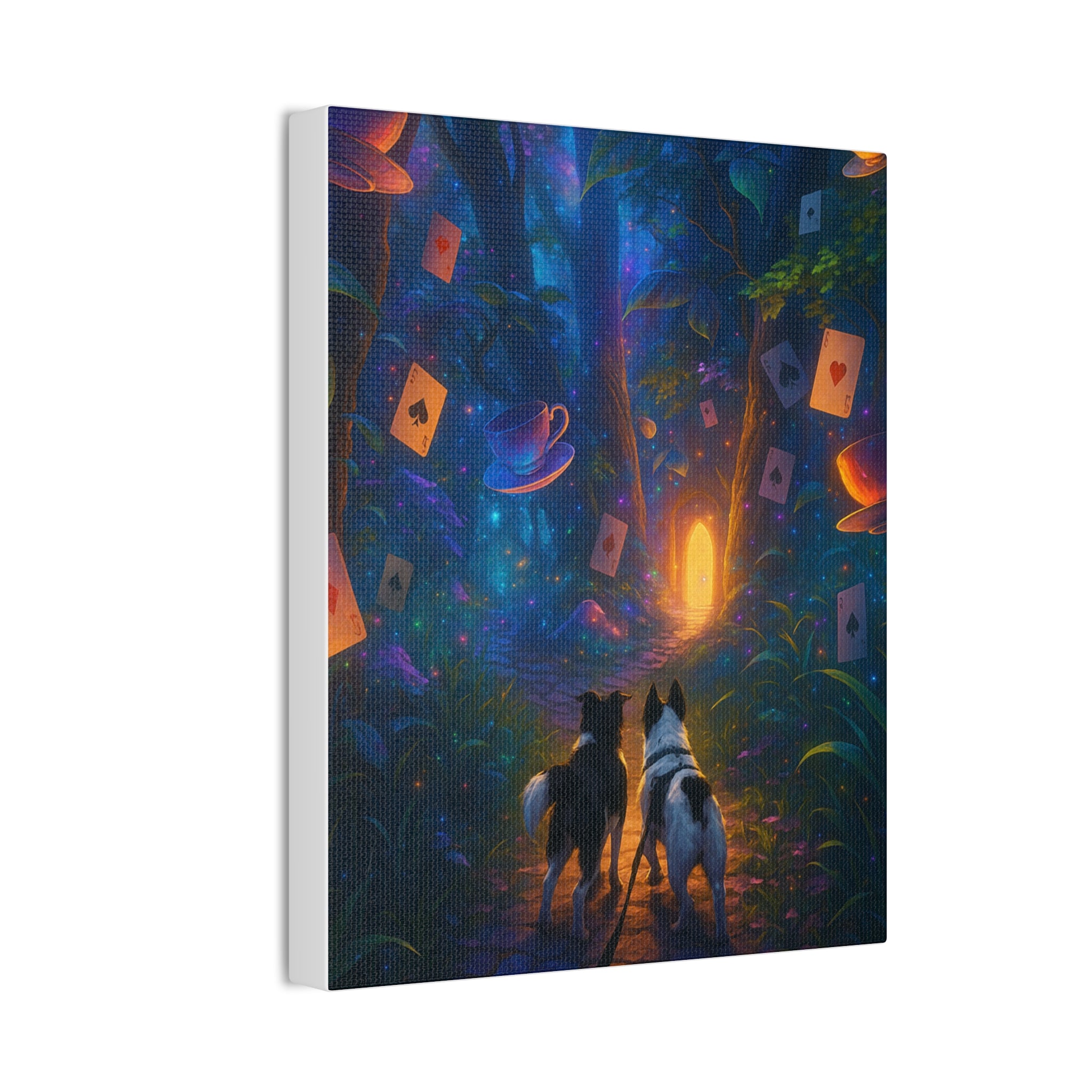 Magic Forest Canvas Wall Art — Dogs Exploring Wonderland with Glowing Door & Floating Playing Cards