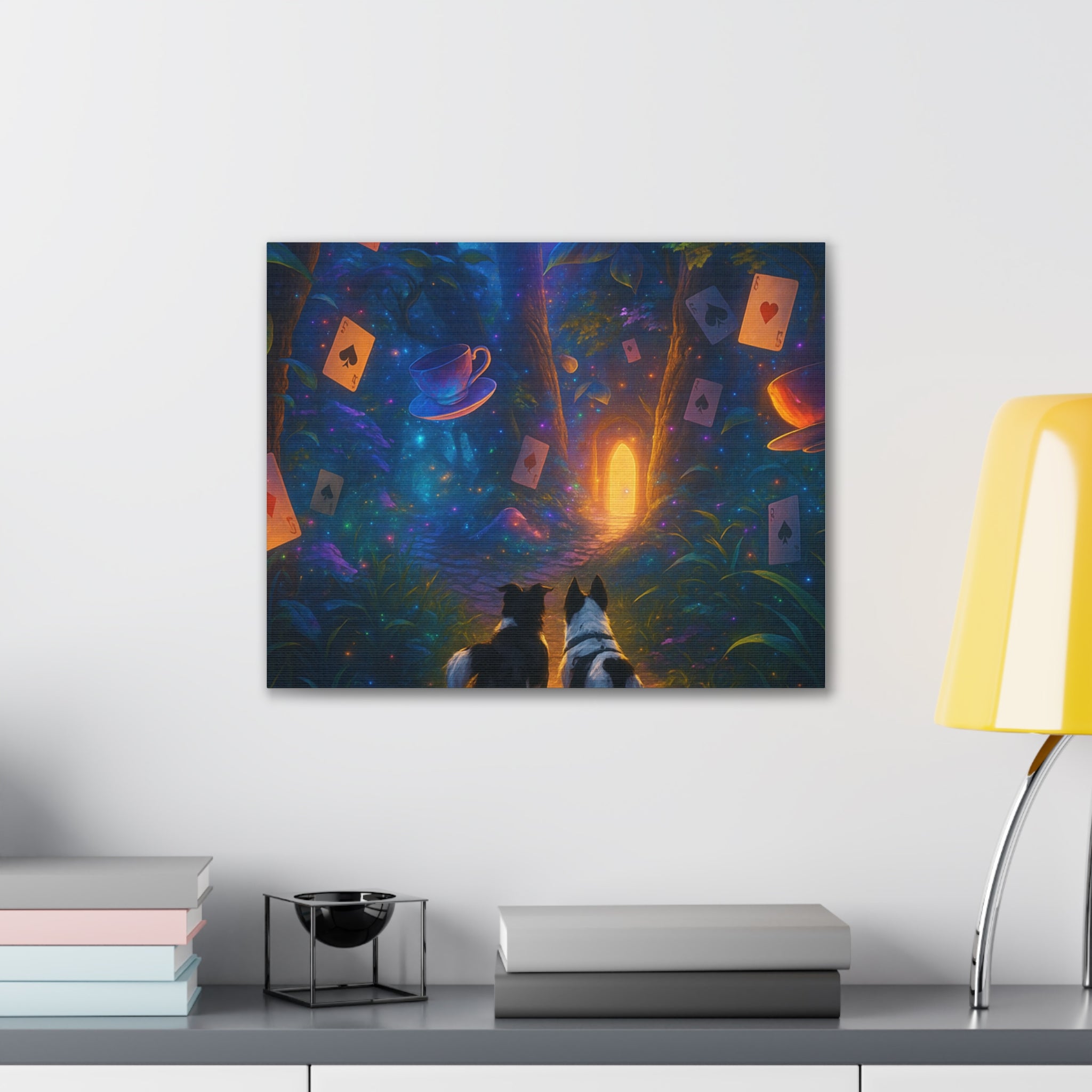Magic Forest Canvas Wall Art — Dogs Exploring Wonderland with Glowing Door & Floating Playing Cards