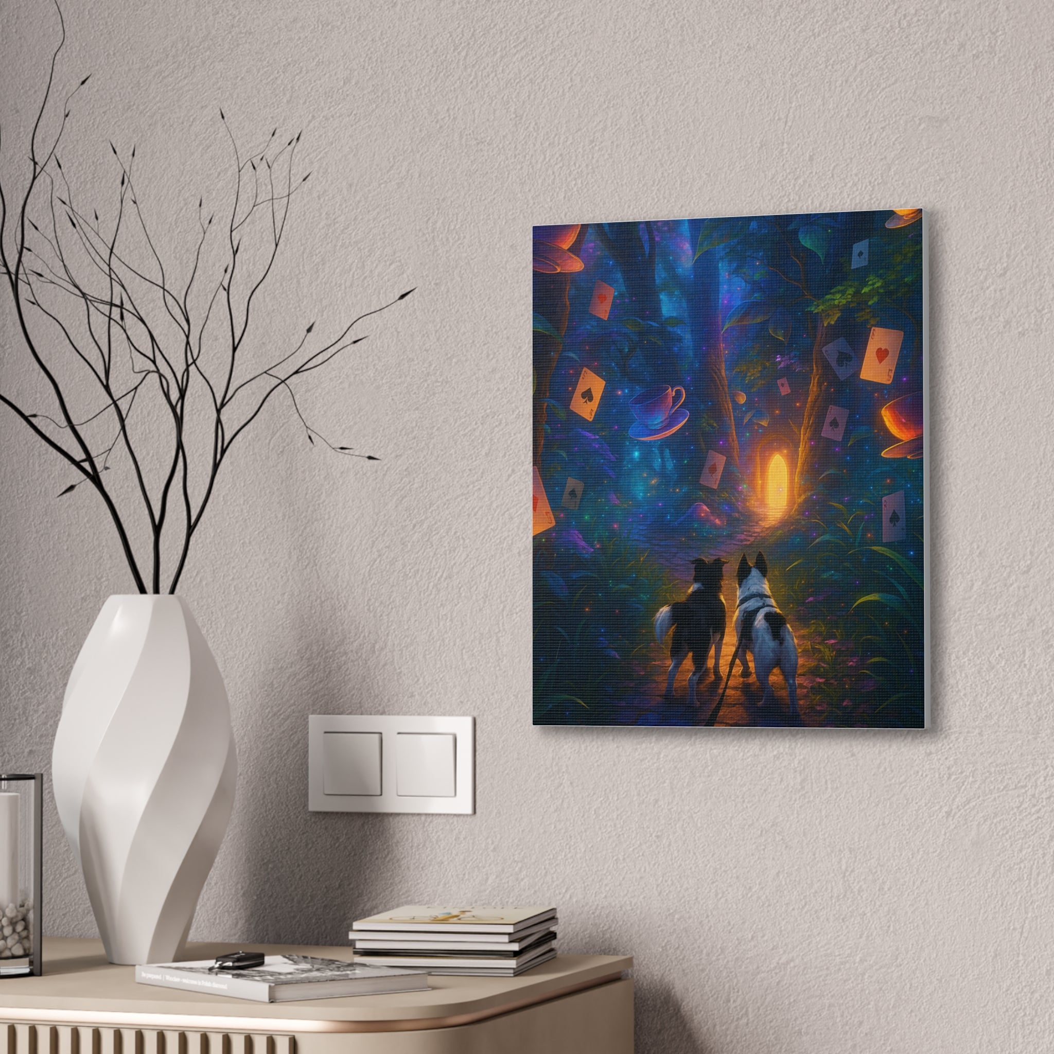 Magic Forest Canvas Wall Art — Dogs Exploring Wonderland with Glowing Door & Floating Playing Cards