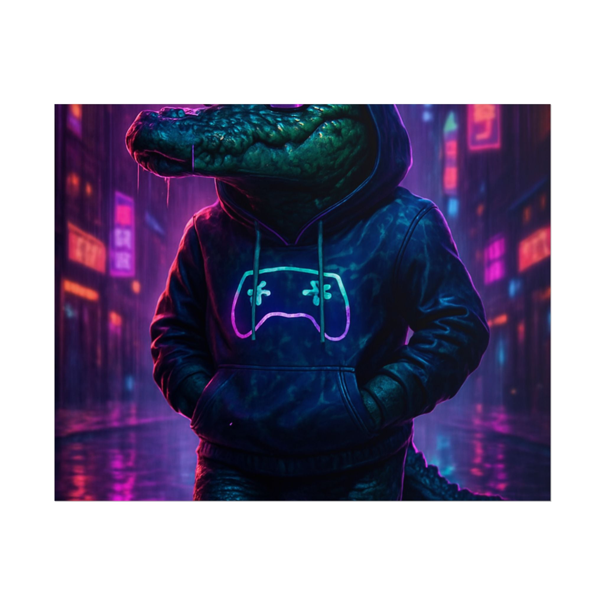 Rolled Posters - Florida Man Gaming Alligator Neon Gamer Hoodie Poster Print