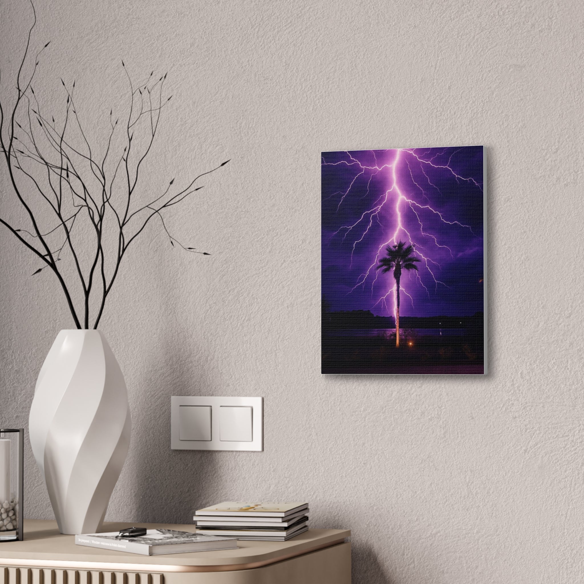 Purple Lightning Palm Tree Canvas Wall Art — Storm Photography Stretched Canvas
