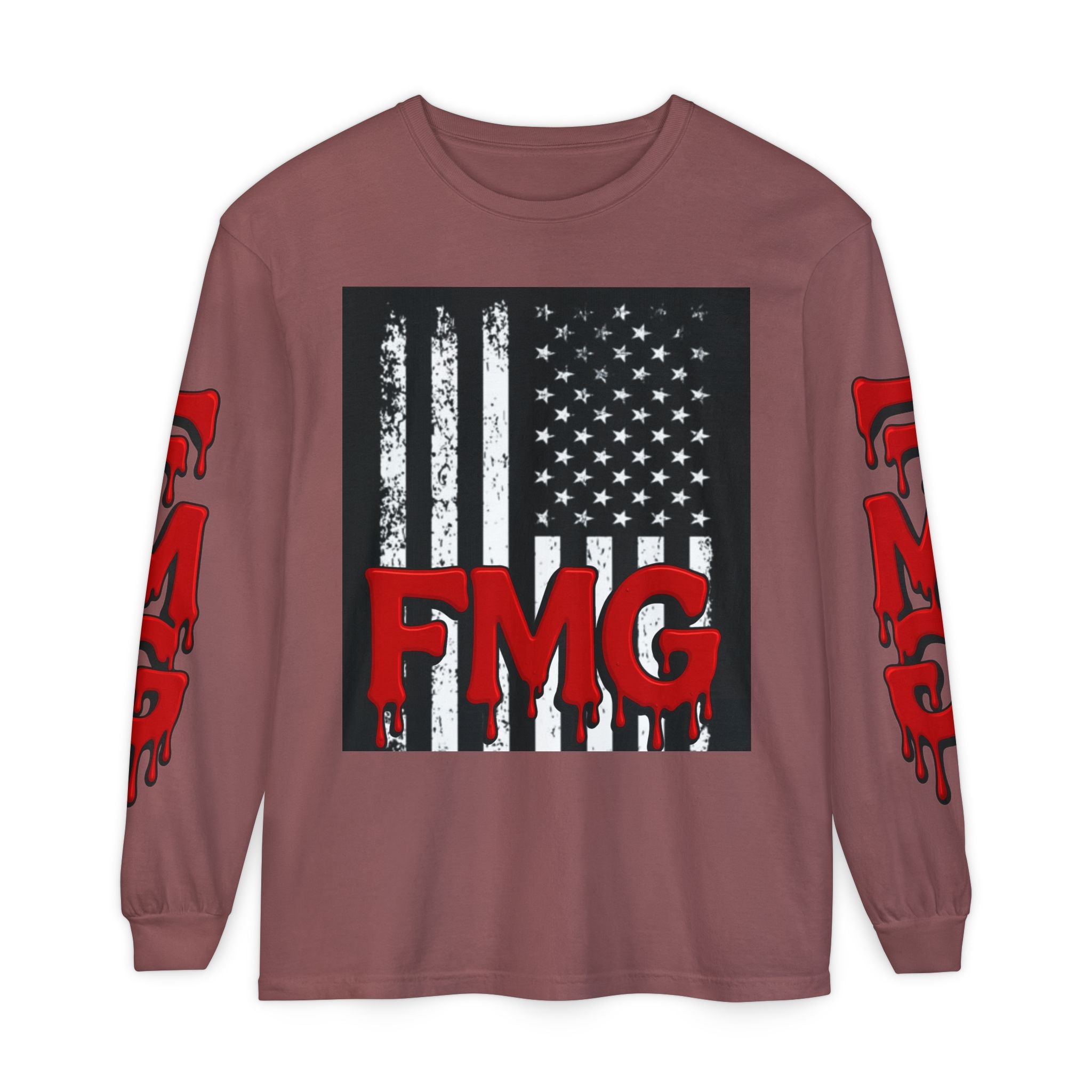 Long Sleeve T-Shirt — Distressed American Flag with Dripping "FMG" Sleeves