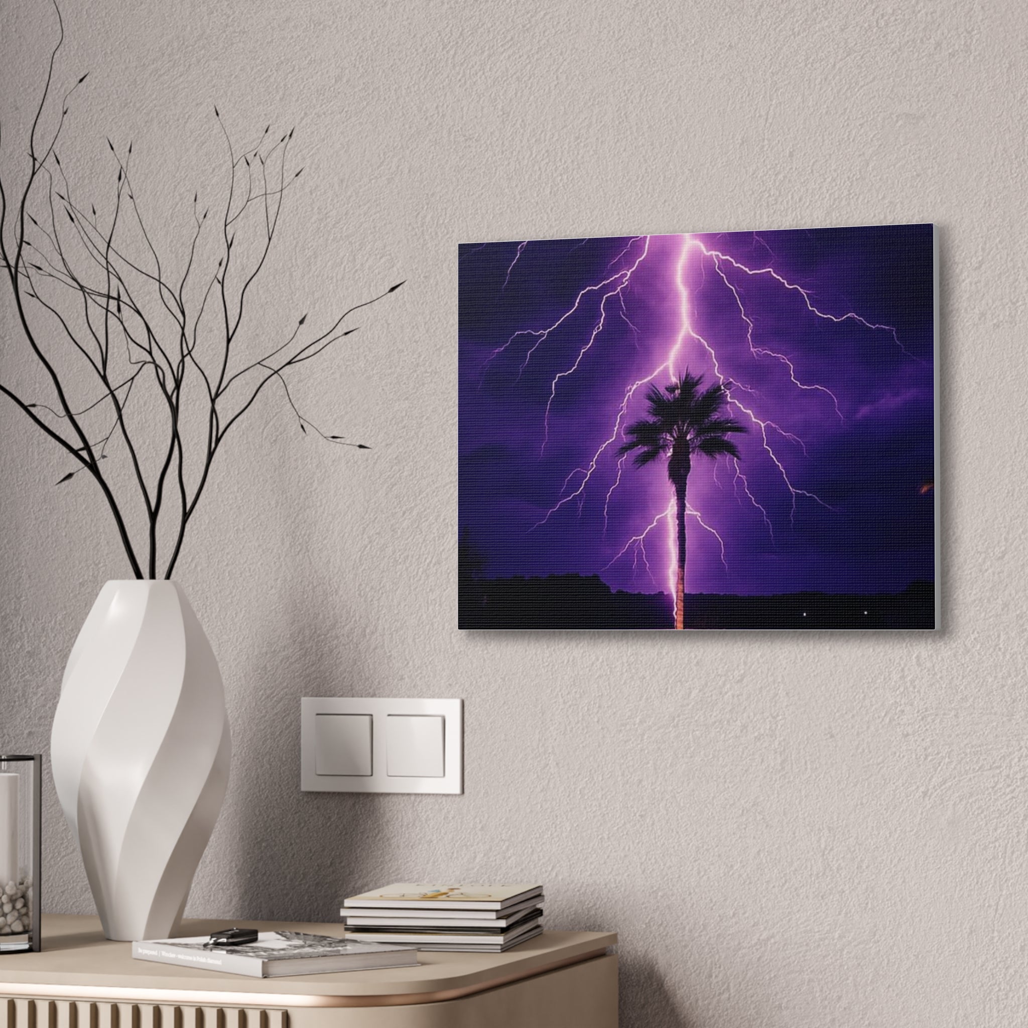 Purple Lightning Palm Tree Canvas Wall Art — Storm Photography Stretched Canvas