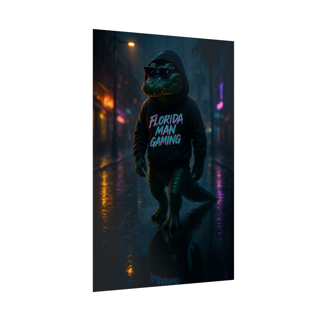 Rolled Posters - Florida Man Gaming Alligator Neon Cyberpunk Scene