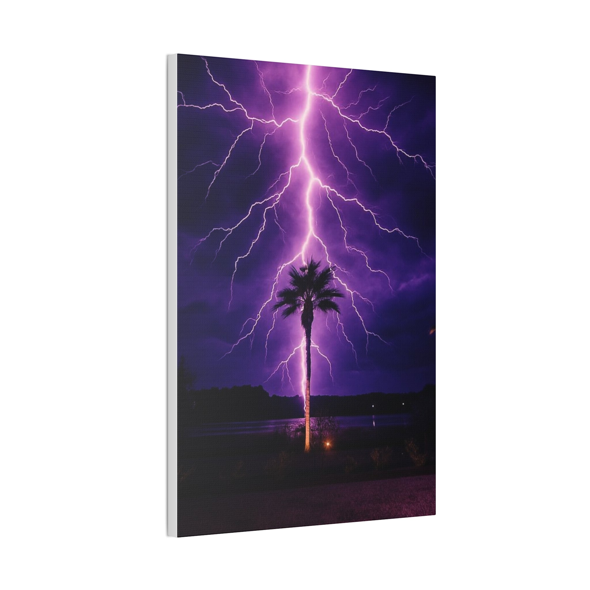 Purple Lightning Palm Tree Canvas Wall Art — Storm Photography Stretched Canvas
