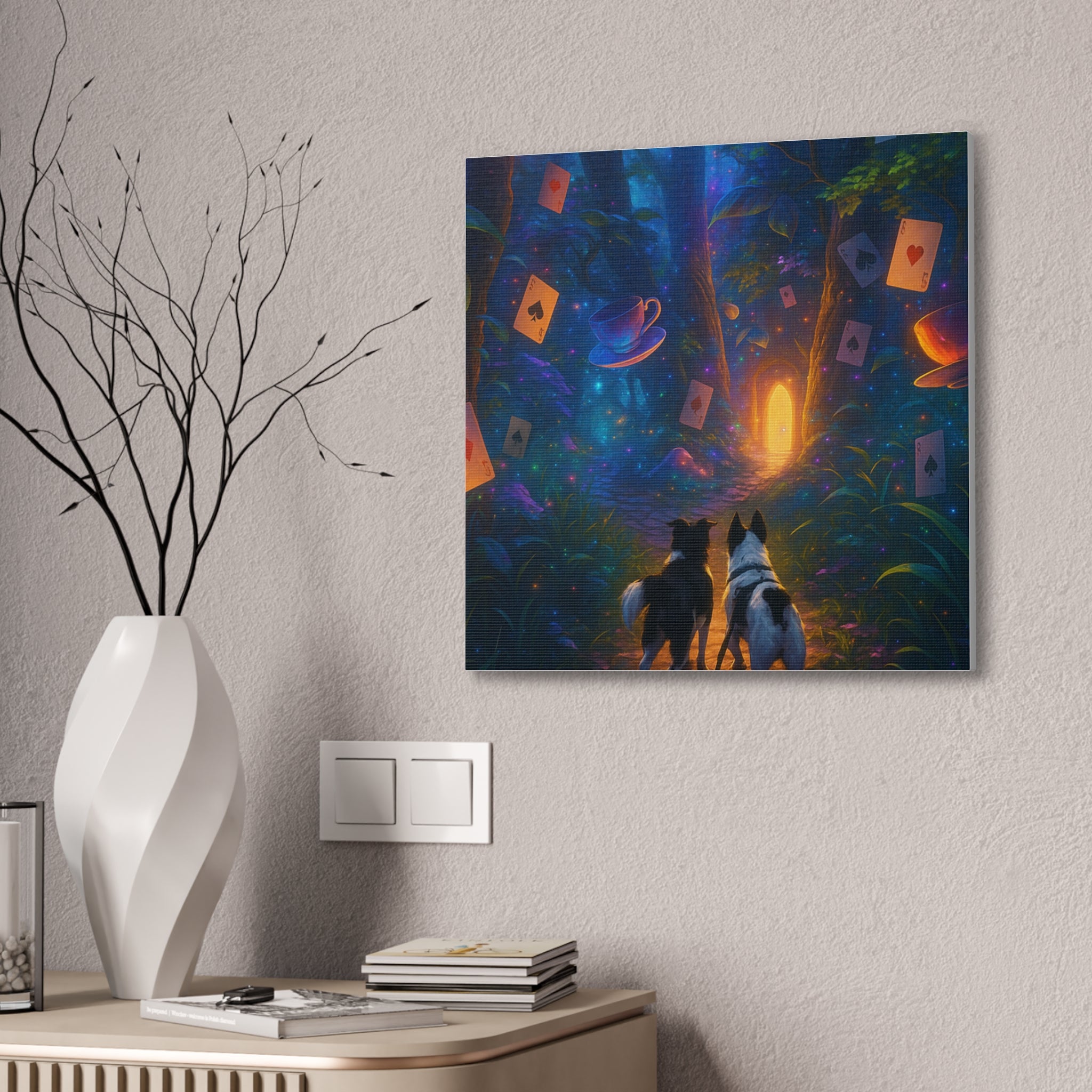 Magic Forest Canvas Wall Art — Dogs Exploring Wonderland with Glowing Door & Floating Playing Cards