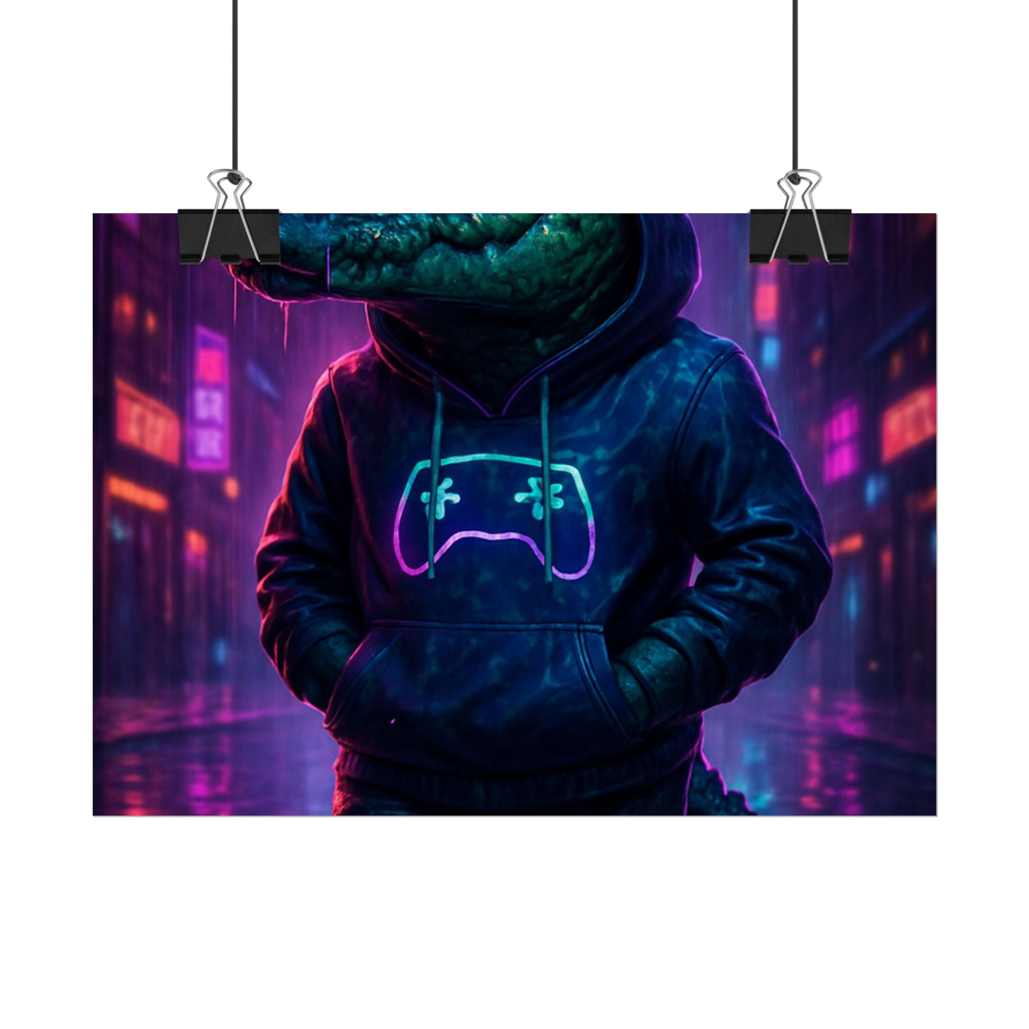 Rolled Posters - Florida Man Gaming Alligator Neon Gamer Hoodie Poster Print