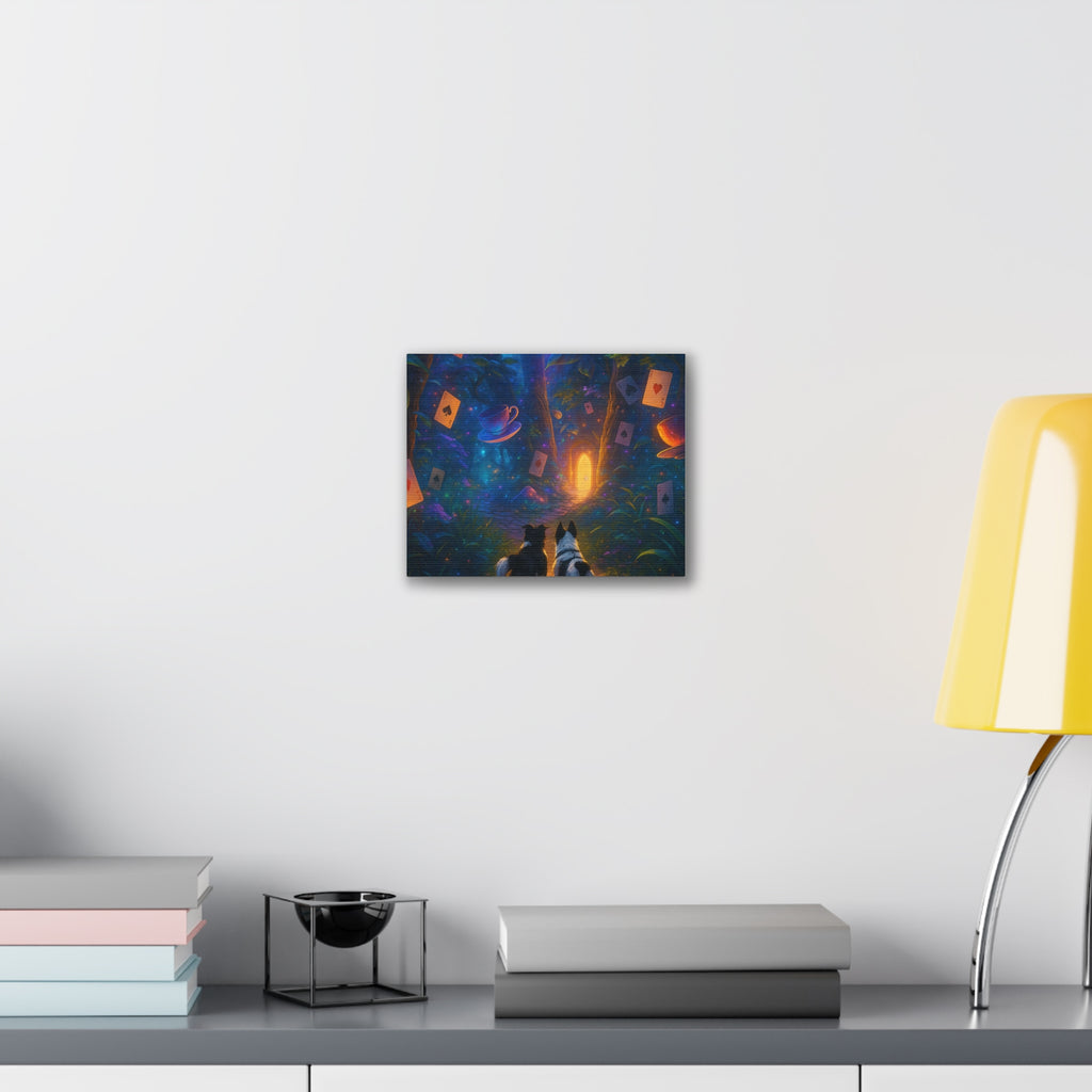 Magic Forest Canvas Wall Art — Dogs Exploring Wonderland with Glowing Door & Floating Playing Cards