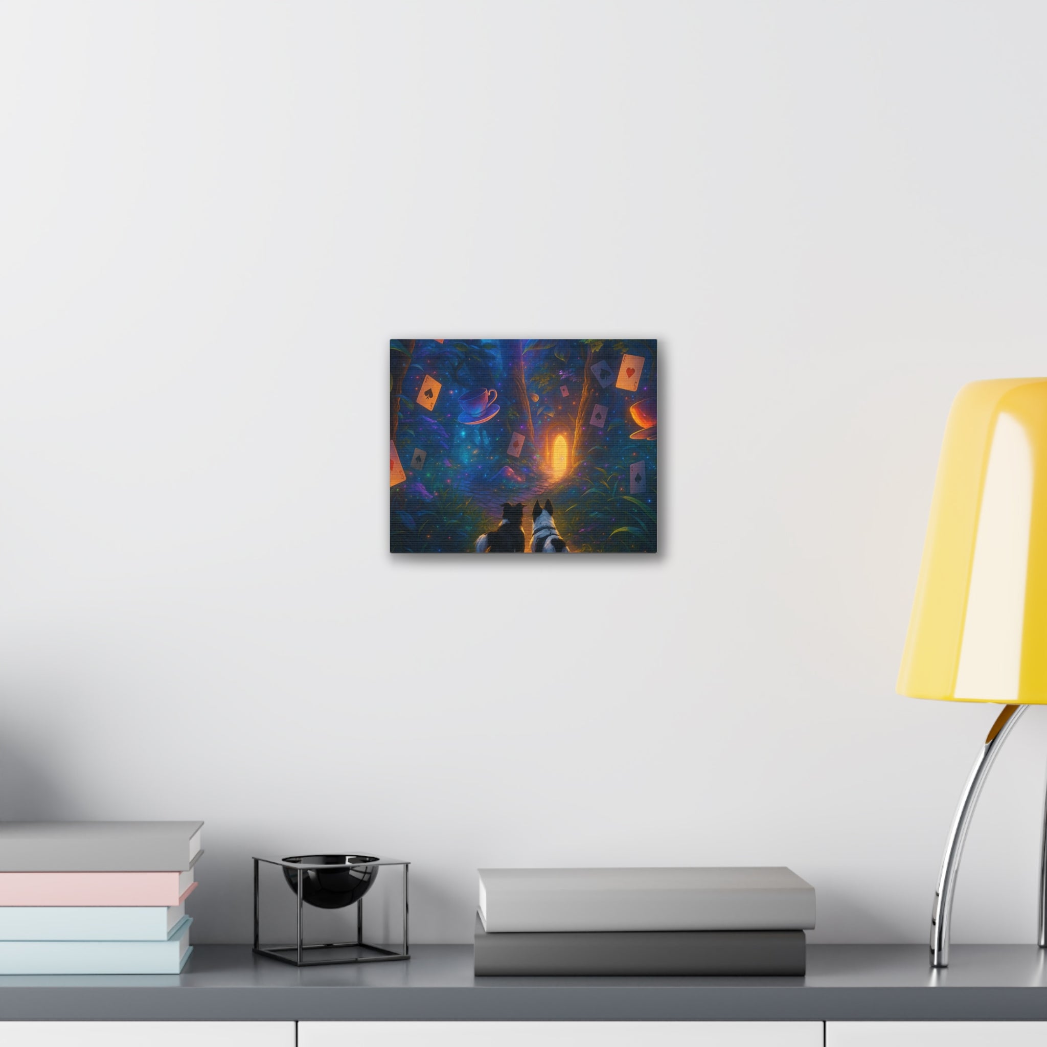 Magic Forest Canvas Wall Art — Dogs Exploring Wonderland with Glowing Door & Floating Playing Cards