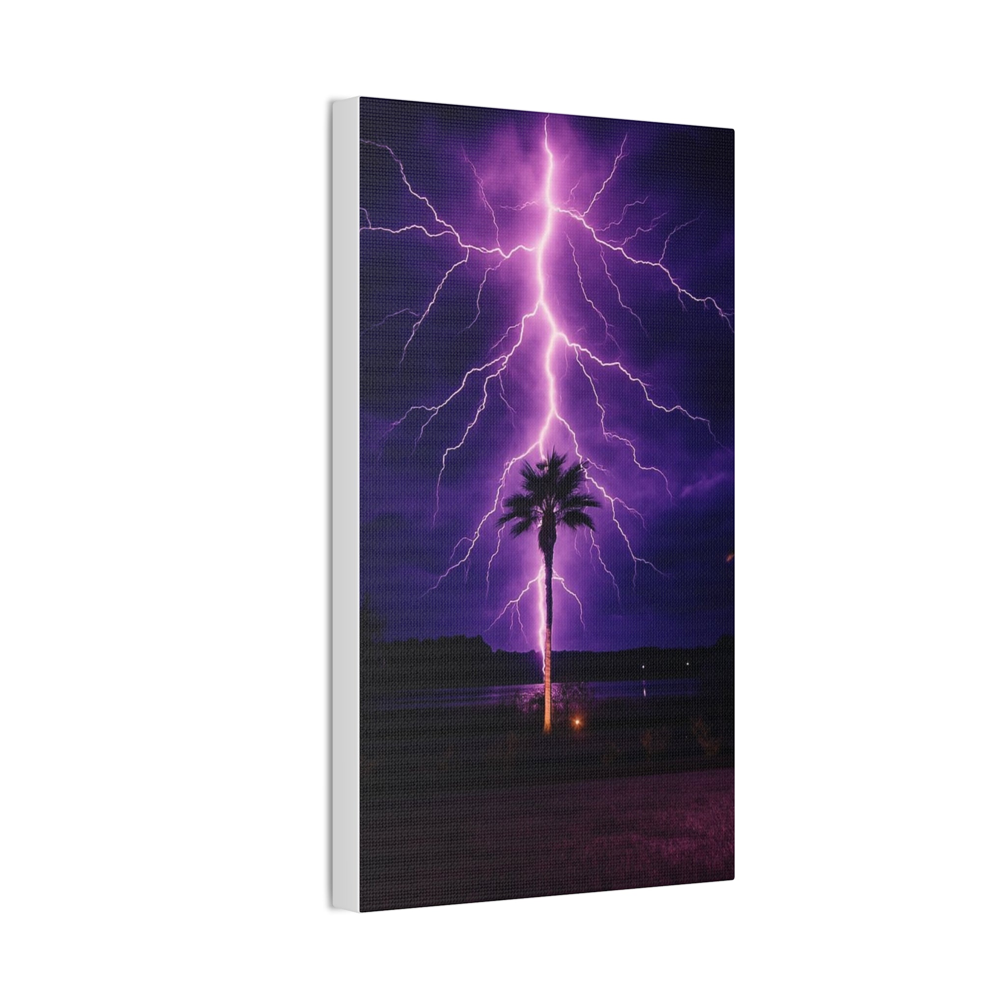 Purple Lightning Palm Tree Canvas Wall Art — Storm Photography Stretched Canvas