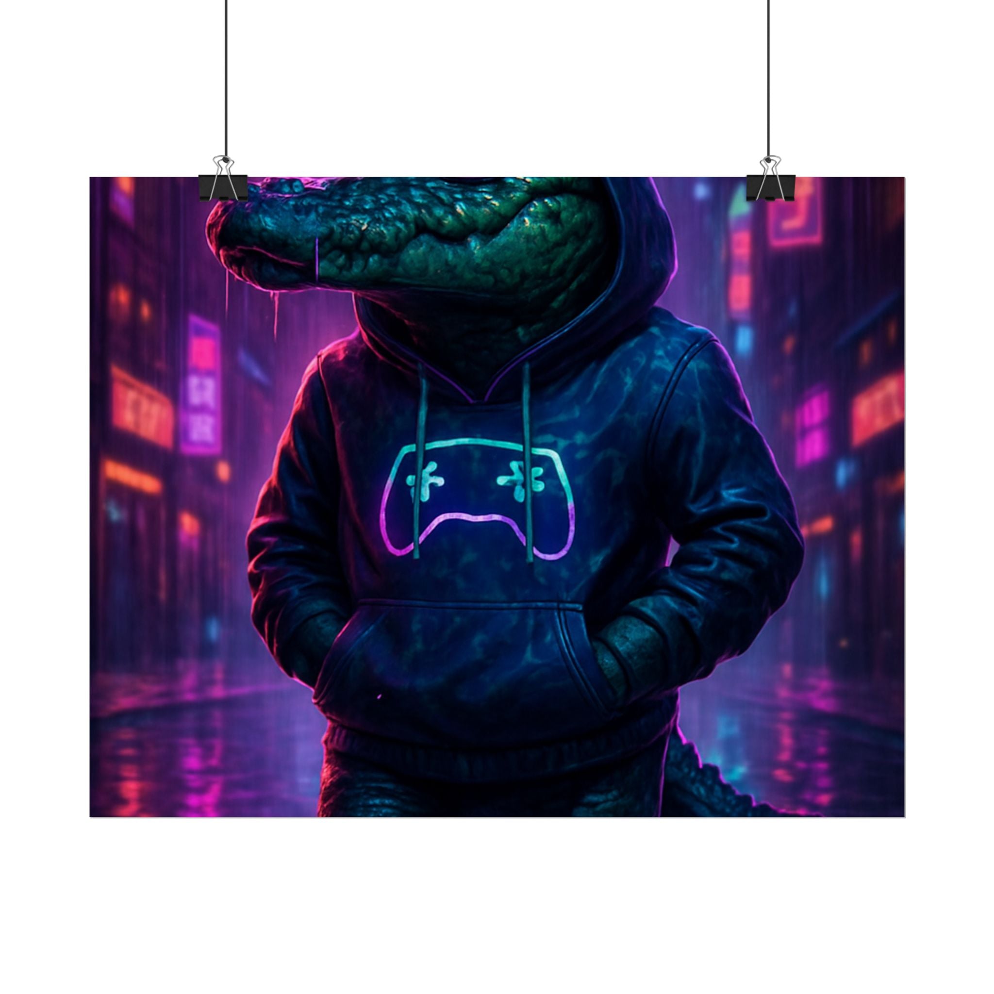 Rolled Posters - Florida Man Gaming Alligator Neon Gamer Hoodie Poster Print