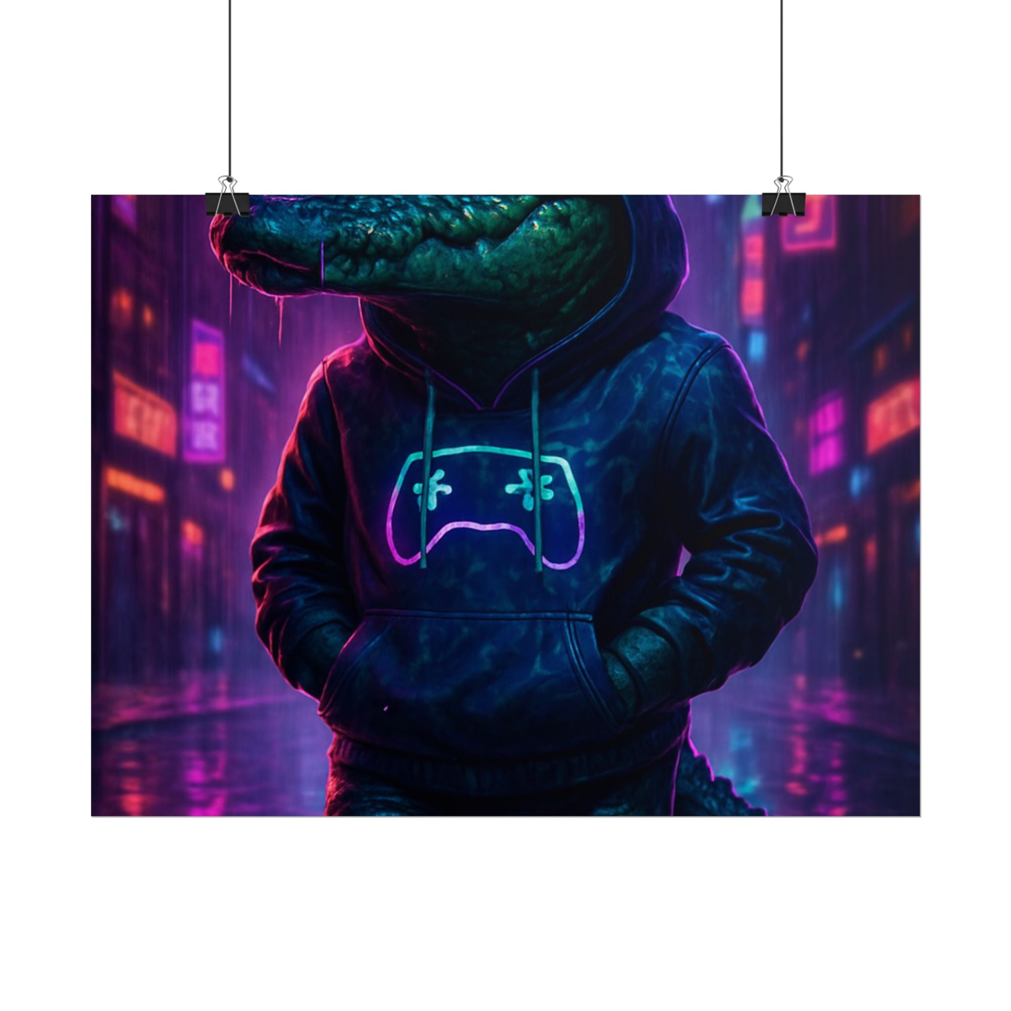 Rolled Posters - Florida Man Gaming Alligator Neon Gamer Hoodie Poster Print