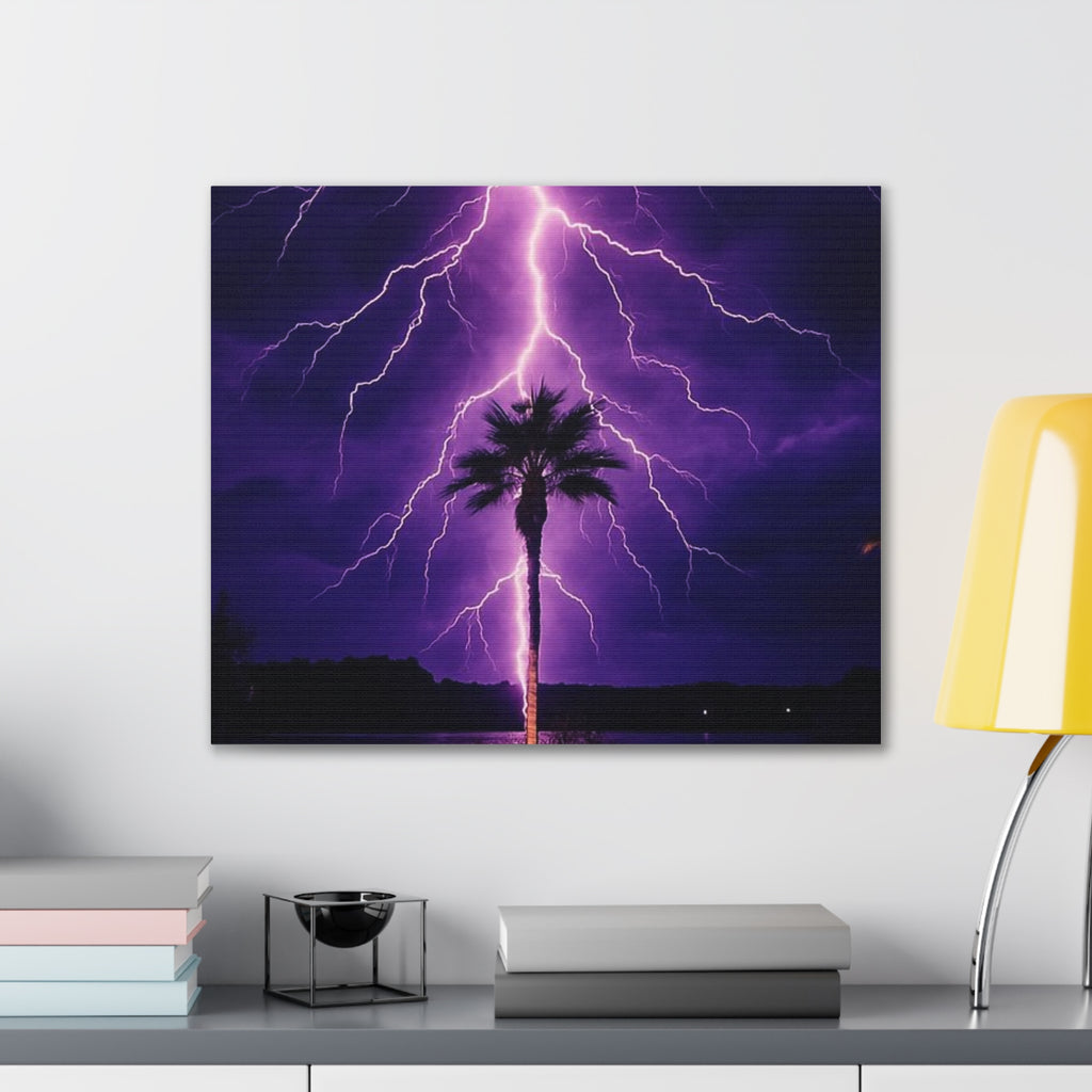 Purple Lightning Palm Tree Canvas Wall Art — Storm Photography Stretched Canvas