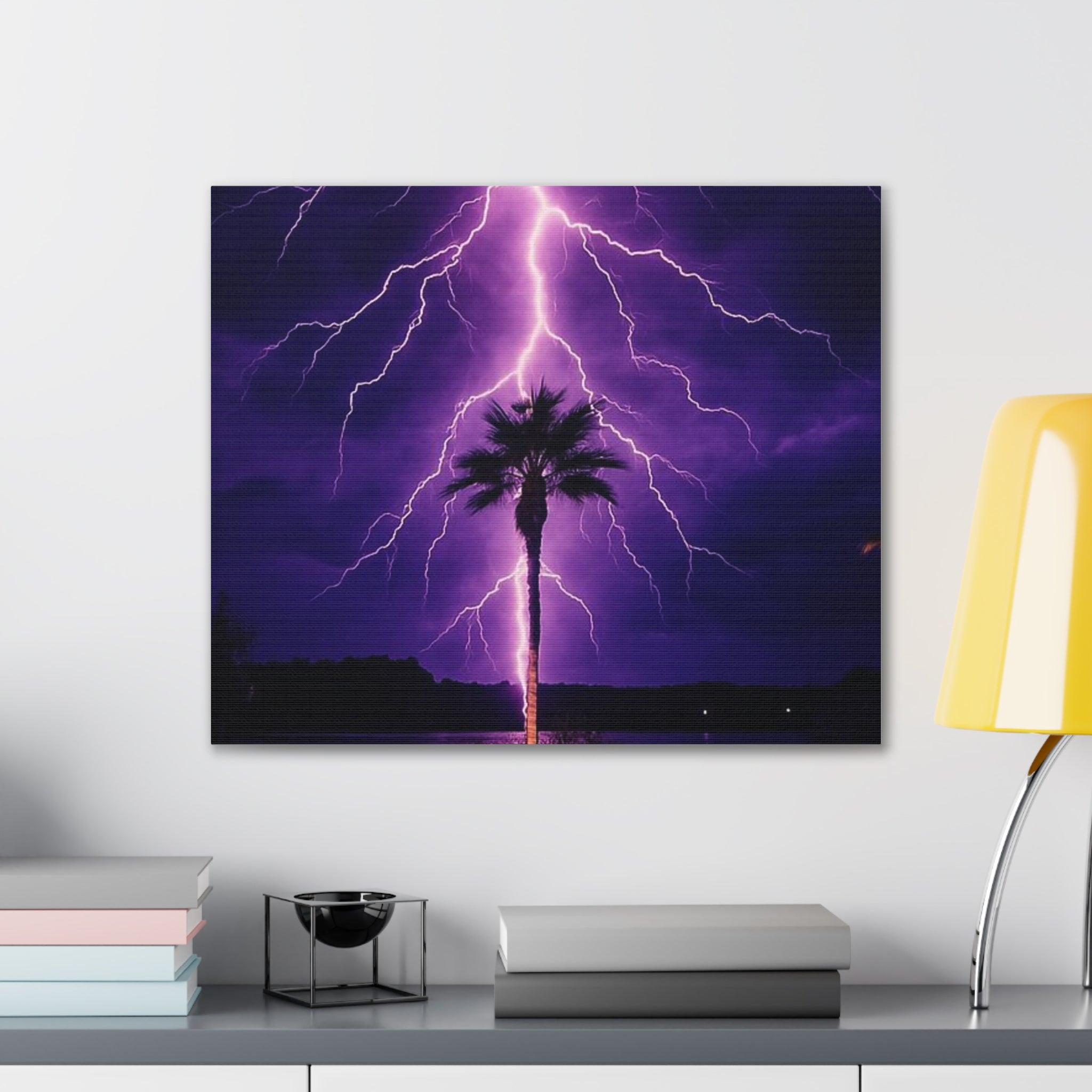 Purple Lightning Palm Tree Canvas Wall Art — Storm Photography Stretched Canvas