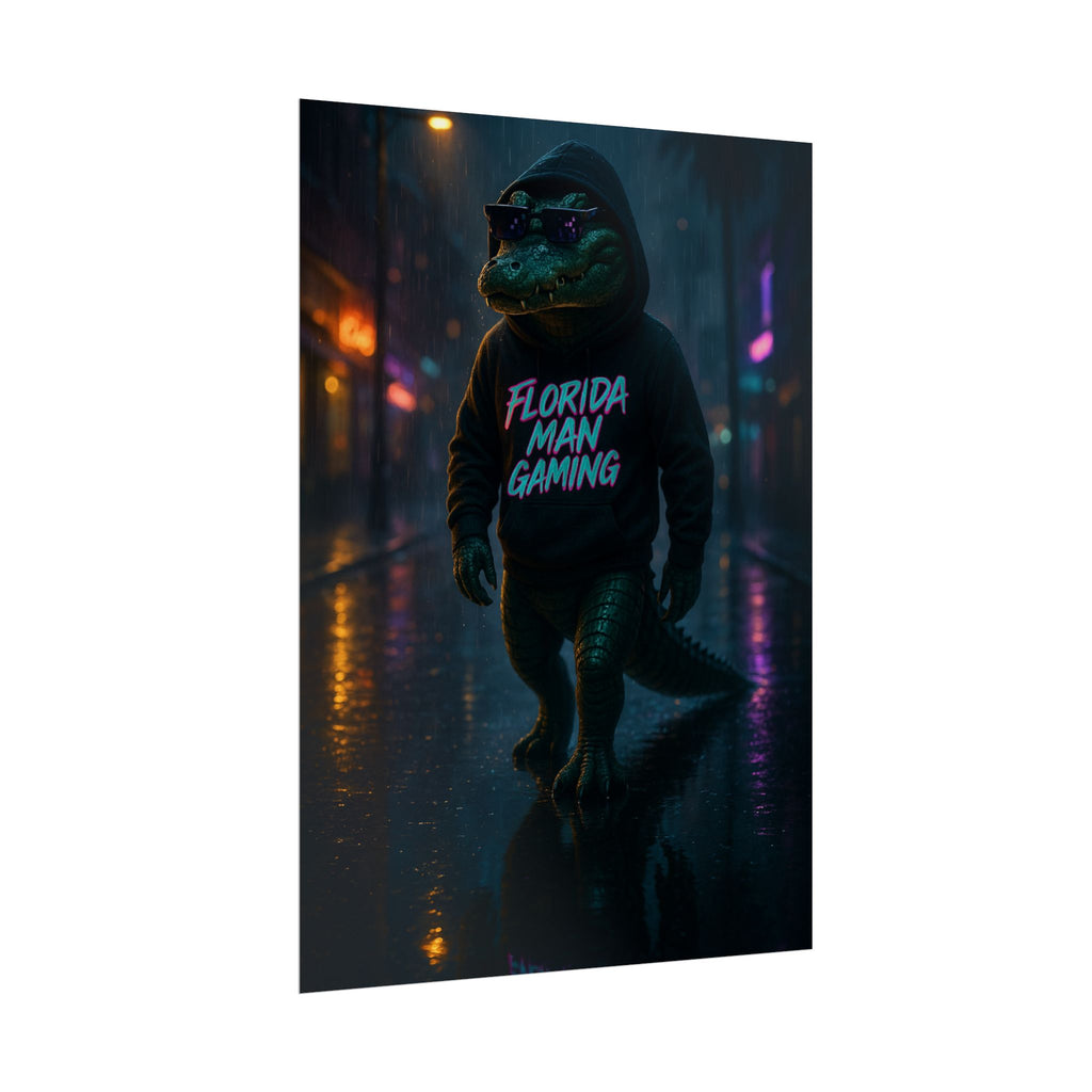 Rolled Posters - Florida Man Gaming Alligator Neon Cyberpunk Scene