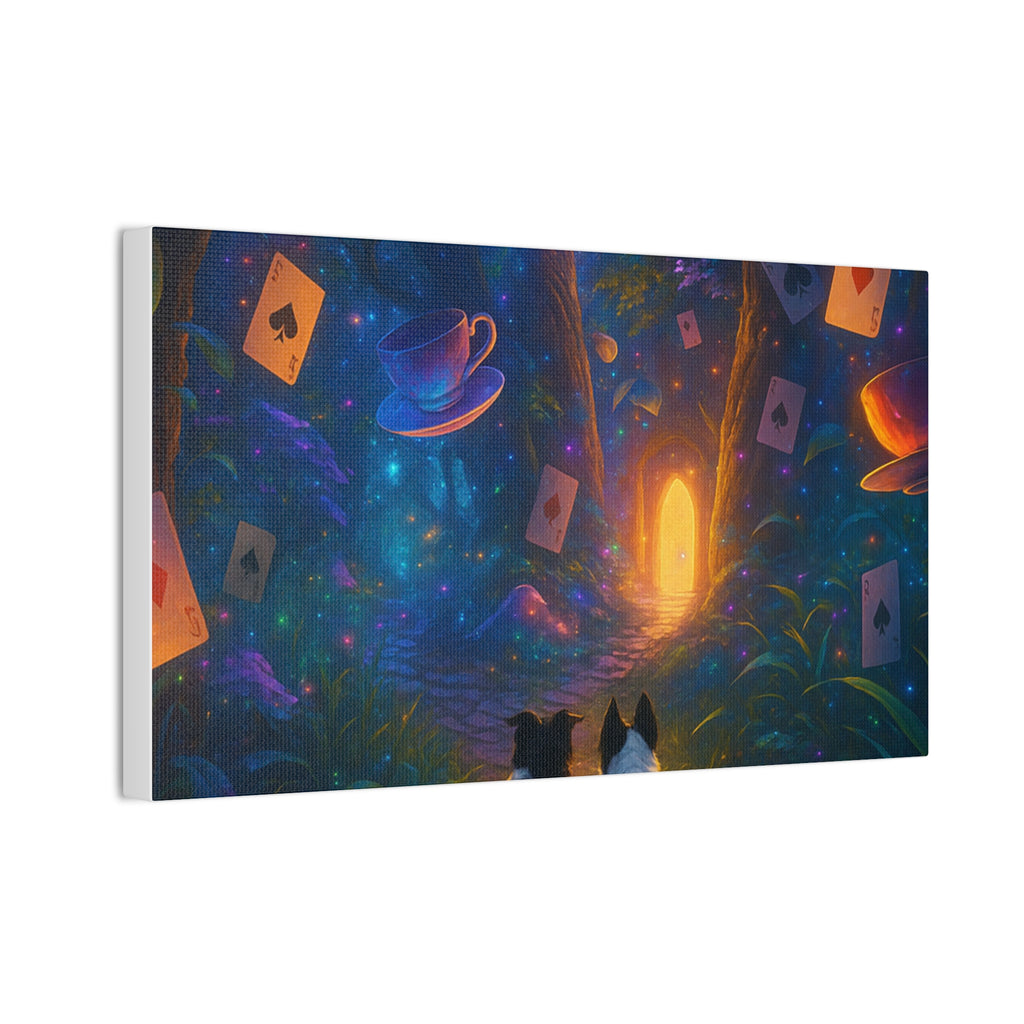 Magic Forest Canvas Wall Art — Dogs Exploring Wonderland with Glowing Door & Floating Playing Cards