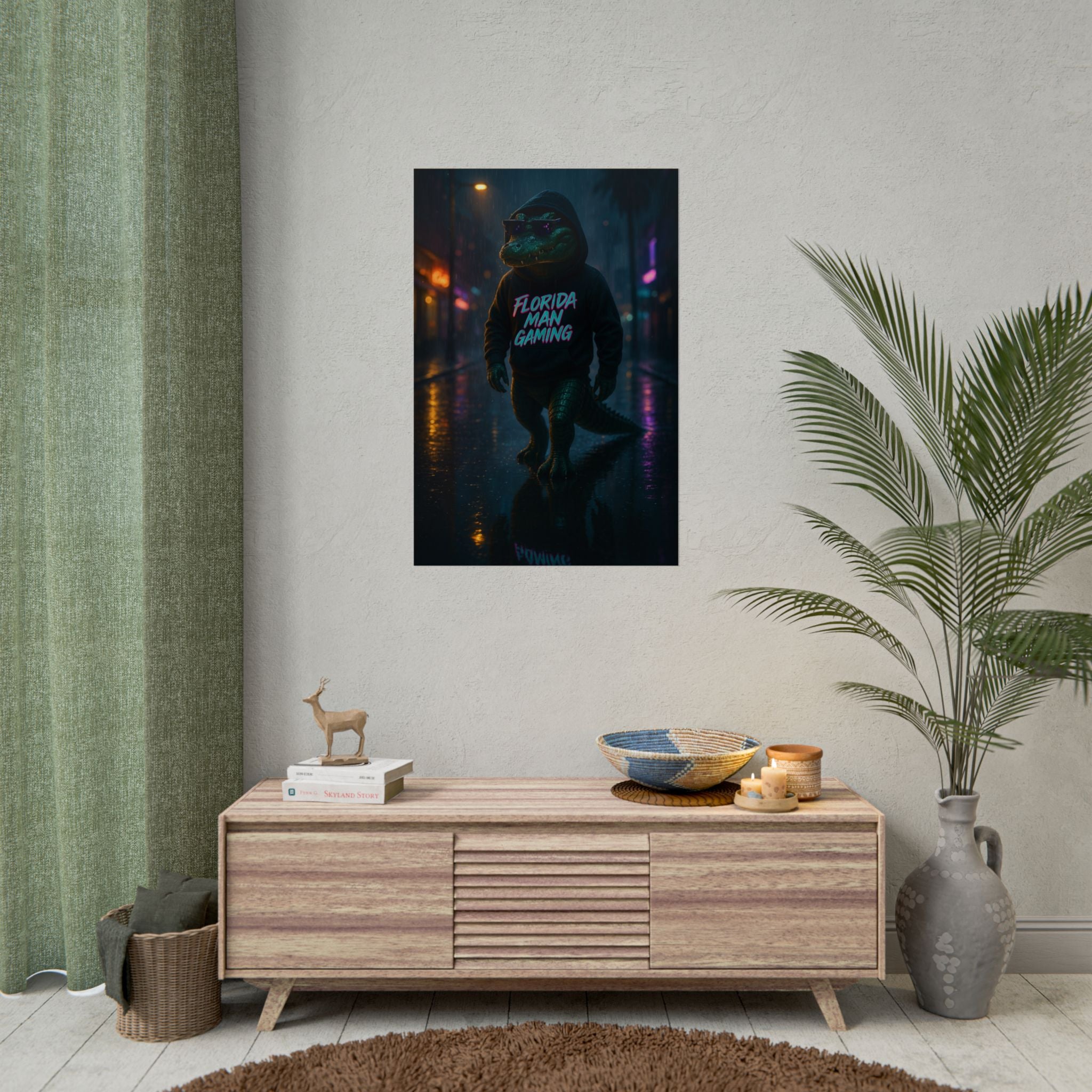 Rolled Posters - Florida Man Gaming Alligator Neon Cyberpunk Scene
