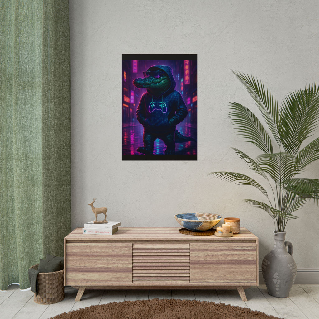 Rolled Posters - Florida Man Gaming Alligator Neon Gamer Hoodie Poster Print