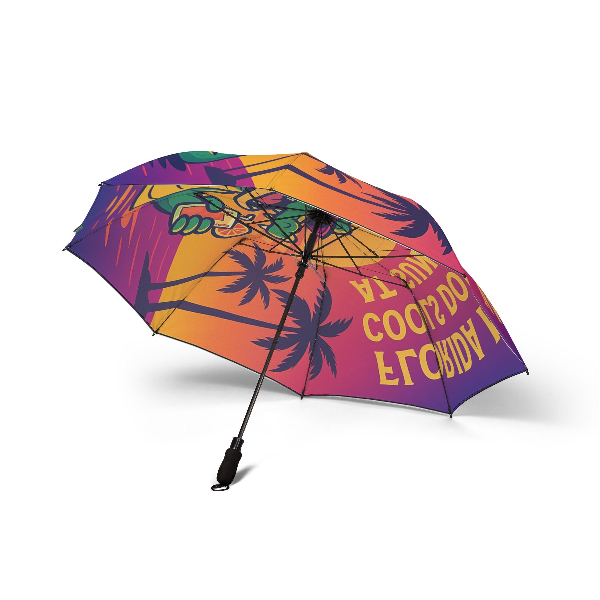 Tropical Dino Sunset Umbrella — "Florida Man Rolls Down At Sunset" Foldable Rain Umbrella