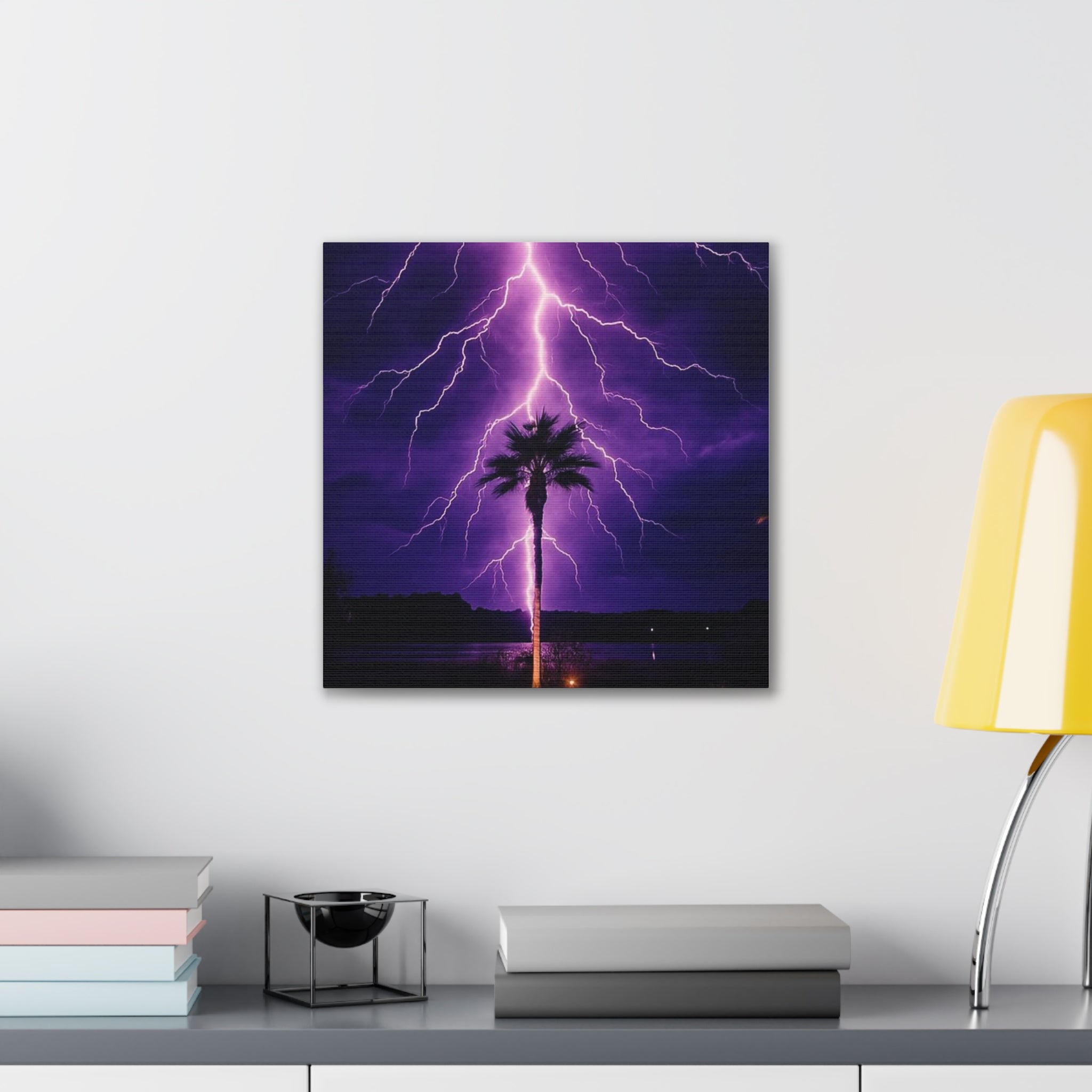 Purple Lightning Palm Tree Canvas Wall Art — Storm Photography Stretched Canvas