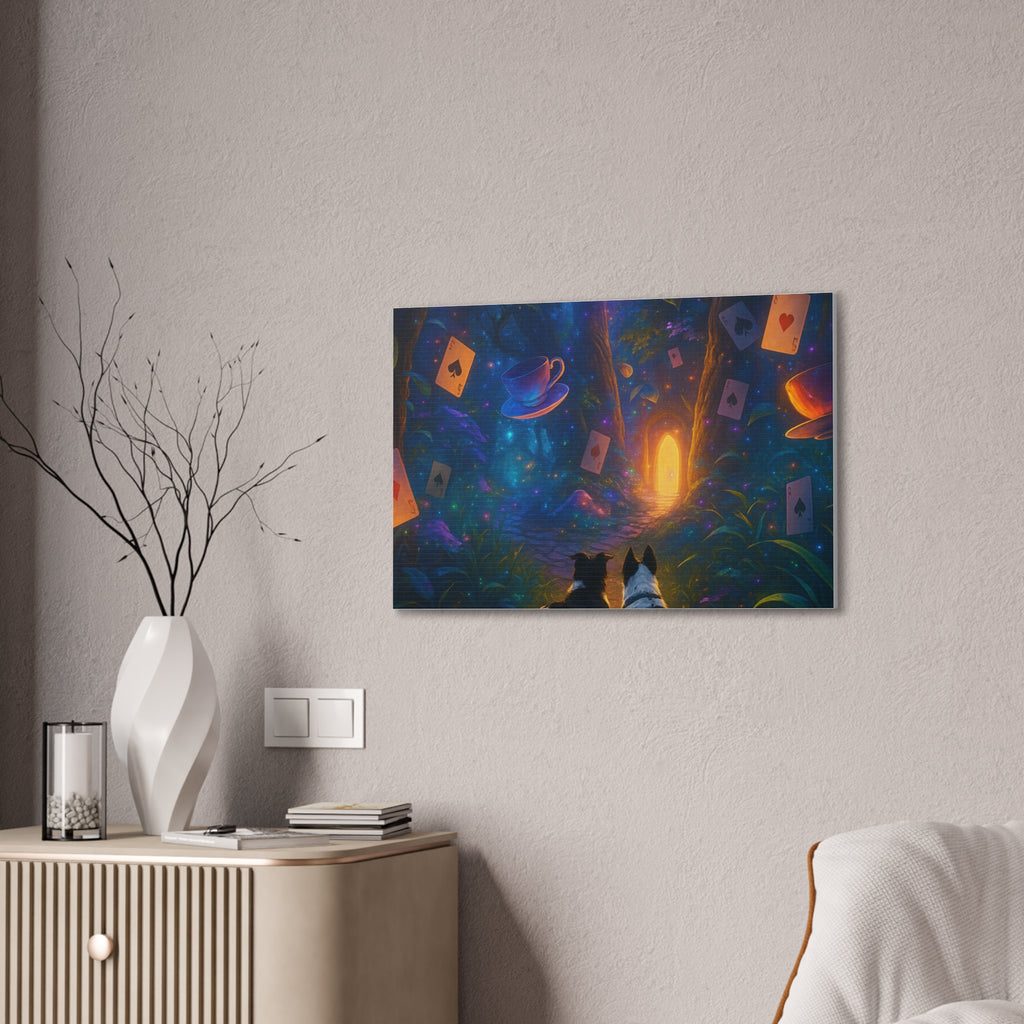 Magic Forest Canvas Wall Art — Dogs Exploring Wonderland with Glowing Door & Floating Playing Cards