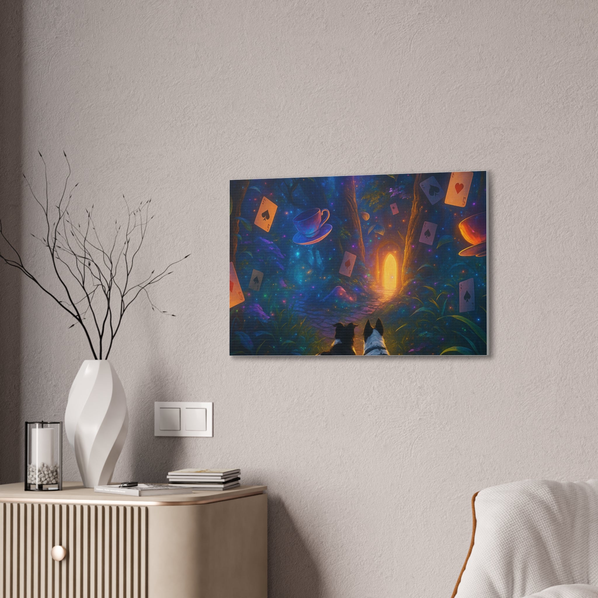 Magic Forest Canvas Wall Art — Dogs Exploring Wonderland with Glowing Door & Floating Playing Cards