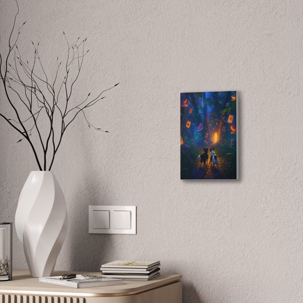 Magic Forest Canvas Wall Art — Dogs Exploring Wonderland with Glowing Door & Floating Playing Cards