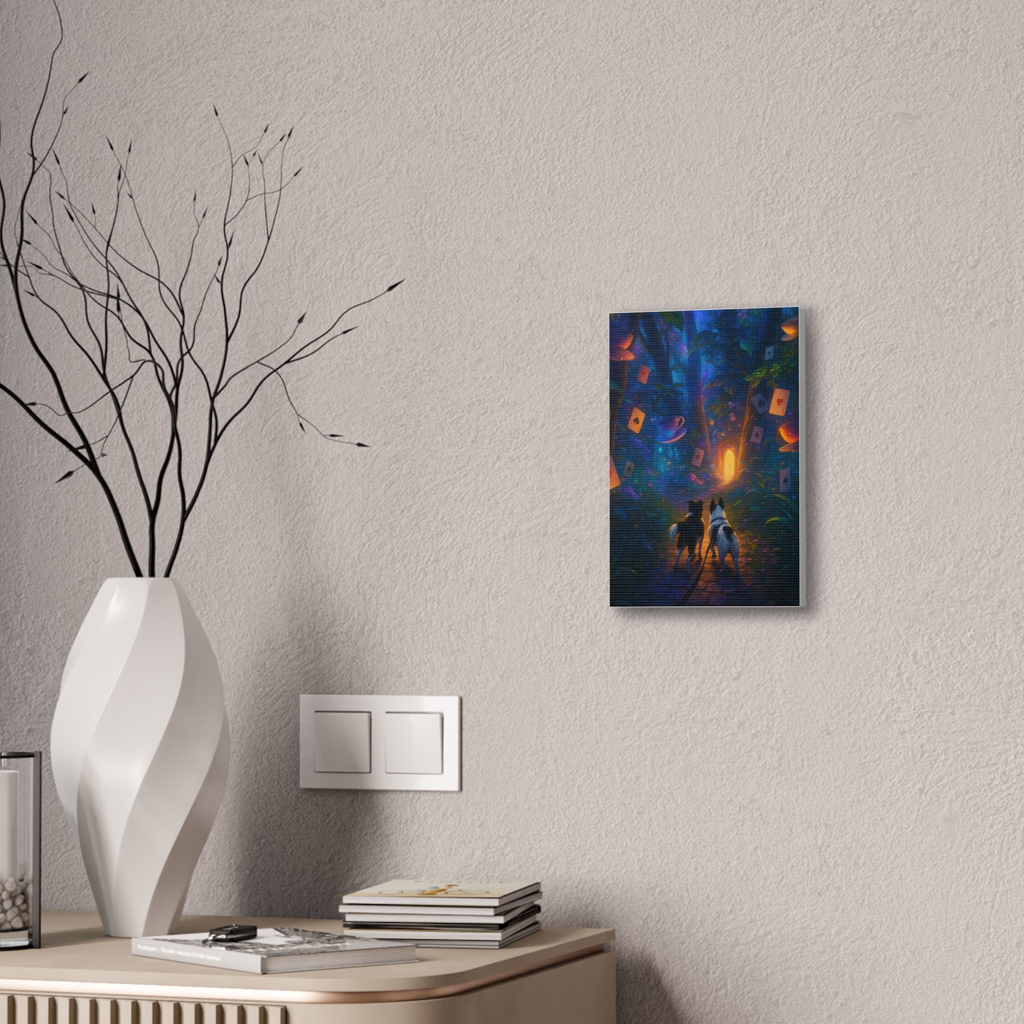 Magic Forest Canvas Wall Art — Dogs Exploring Wonderland with Glowing Door & Floating Playing Cards
