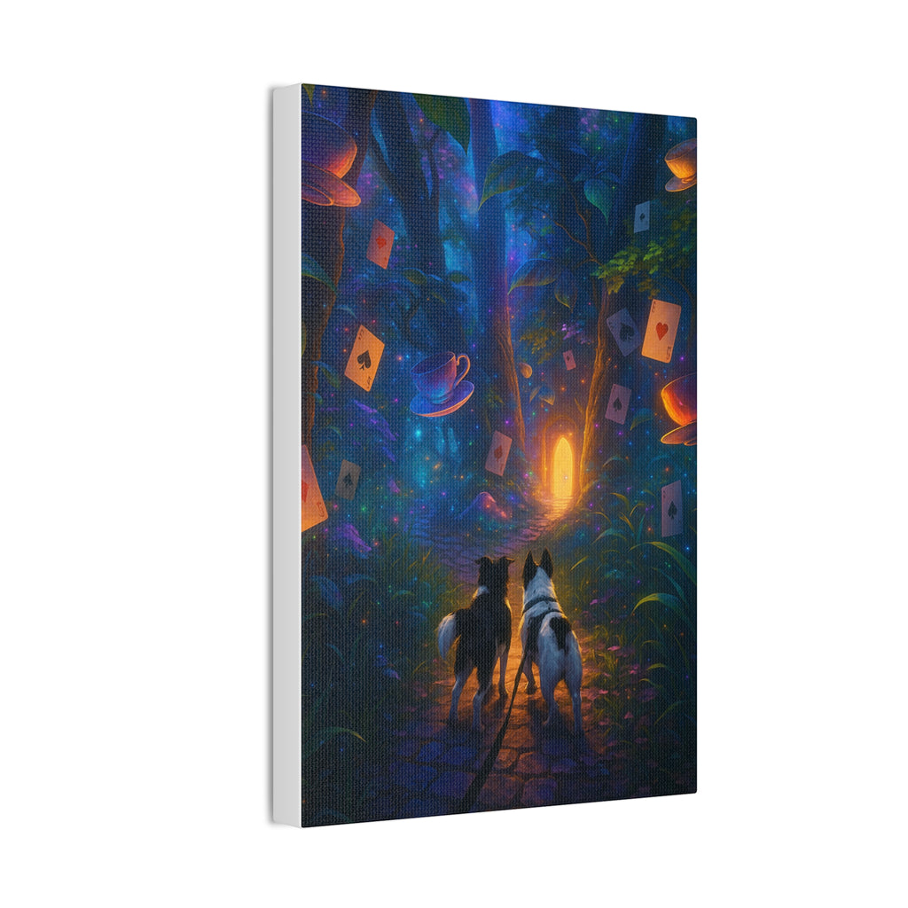 Magic Forest Canvas Wall Art — Dogs Exploring Wonderland with Glowing Door & Floating Playing Cards