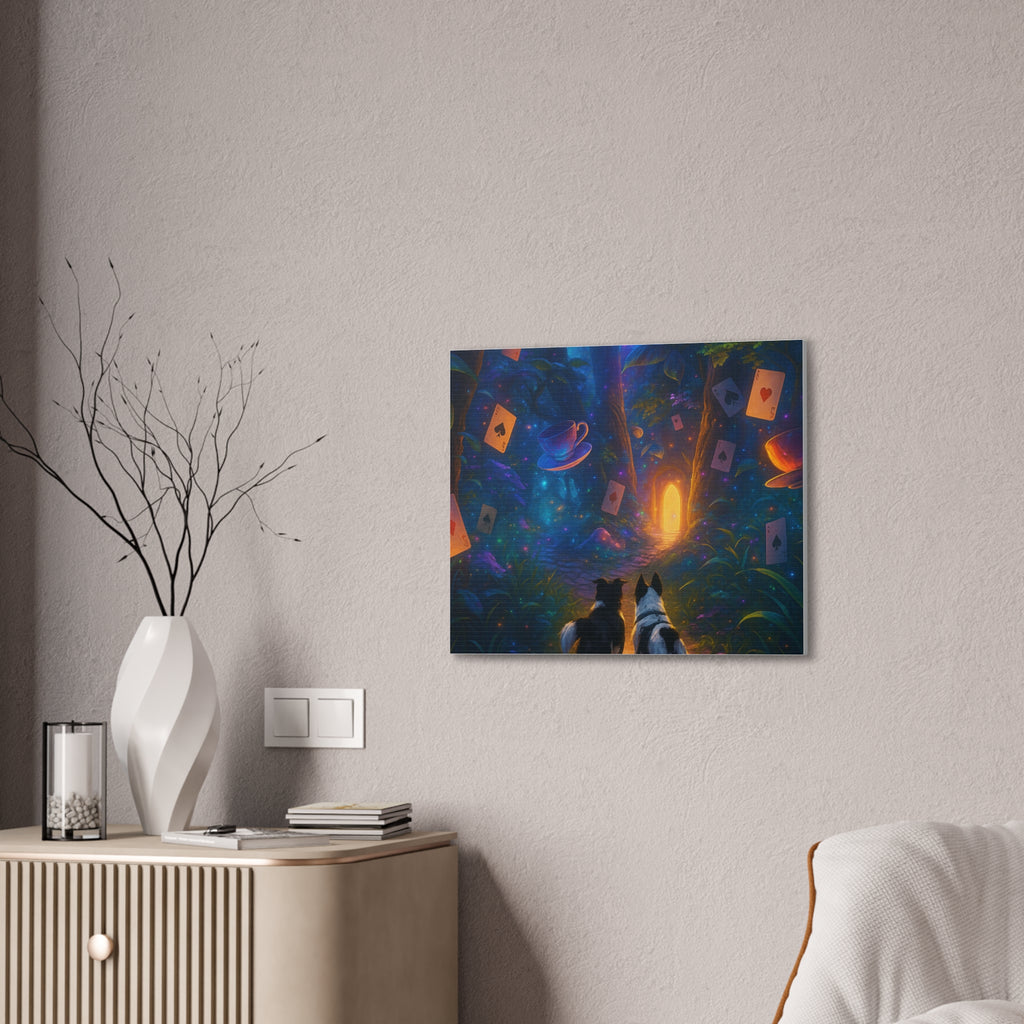 Magic Forest Canvas Wall Art — Dogs Exploring Wonderland with Glowing Door & Floating Playing Cards
