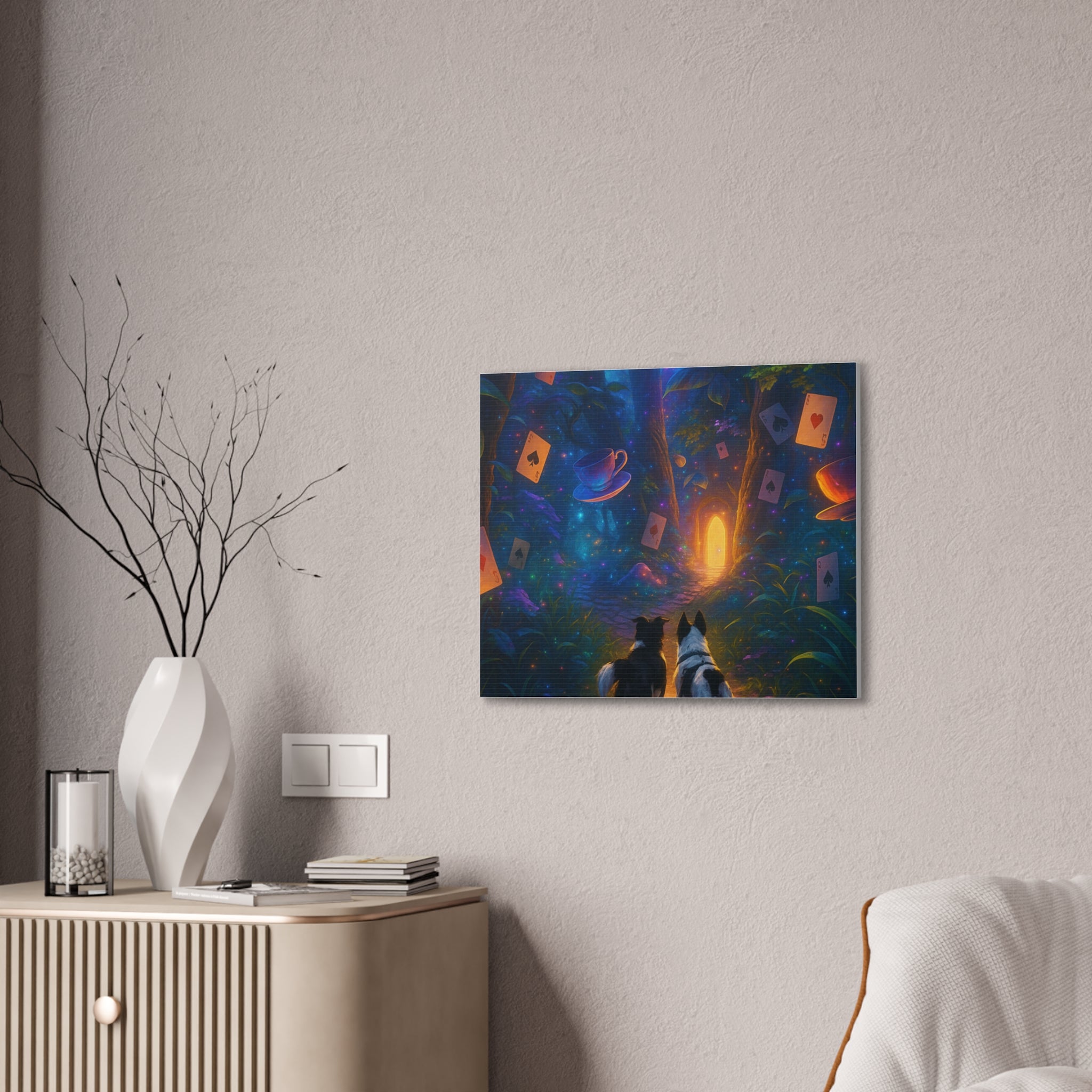 Magic Forest Canvas Wall Art — Dogs Exploring Wonderland with Glowing Door & Floating Playing Cards