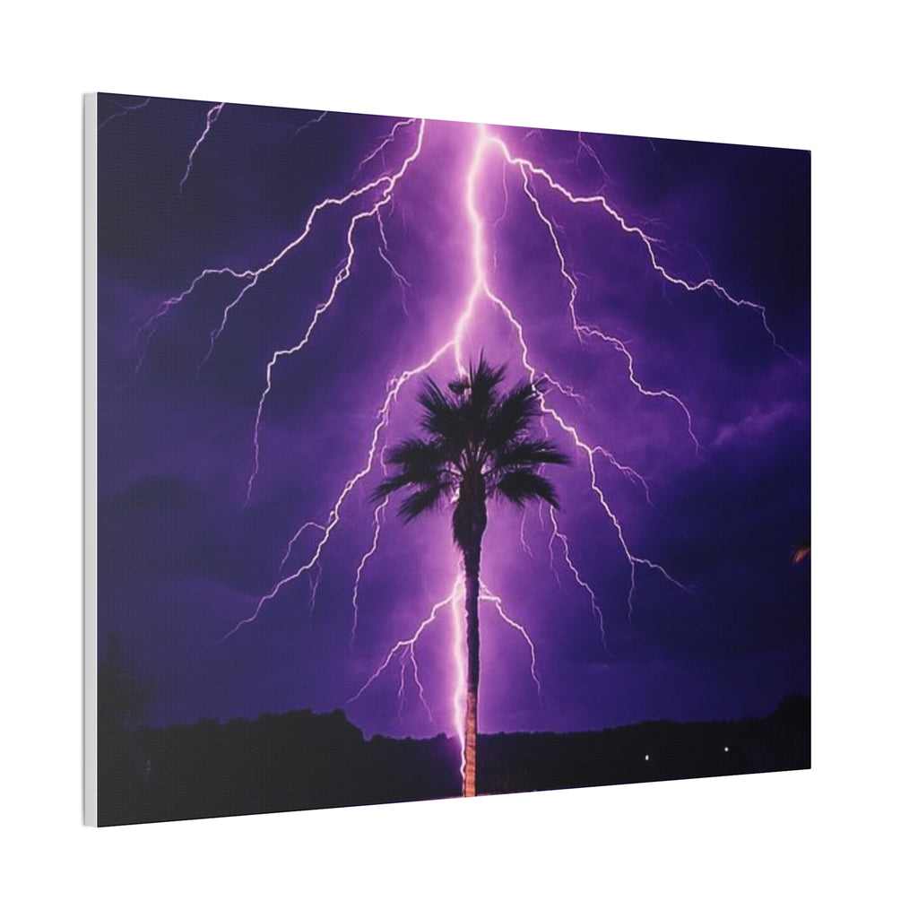 Purple Lightning Palm Tree Canvas Wall Art — Storm Photography Stretched Canvas