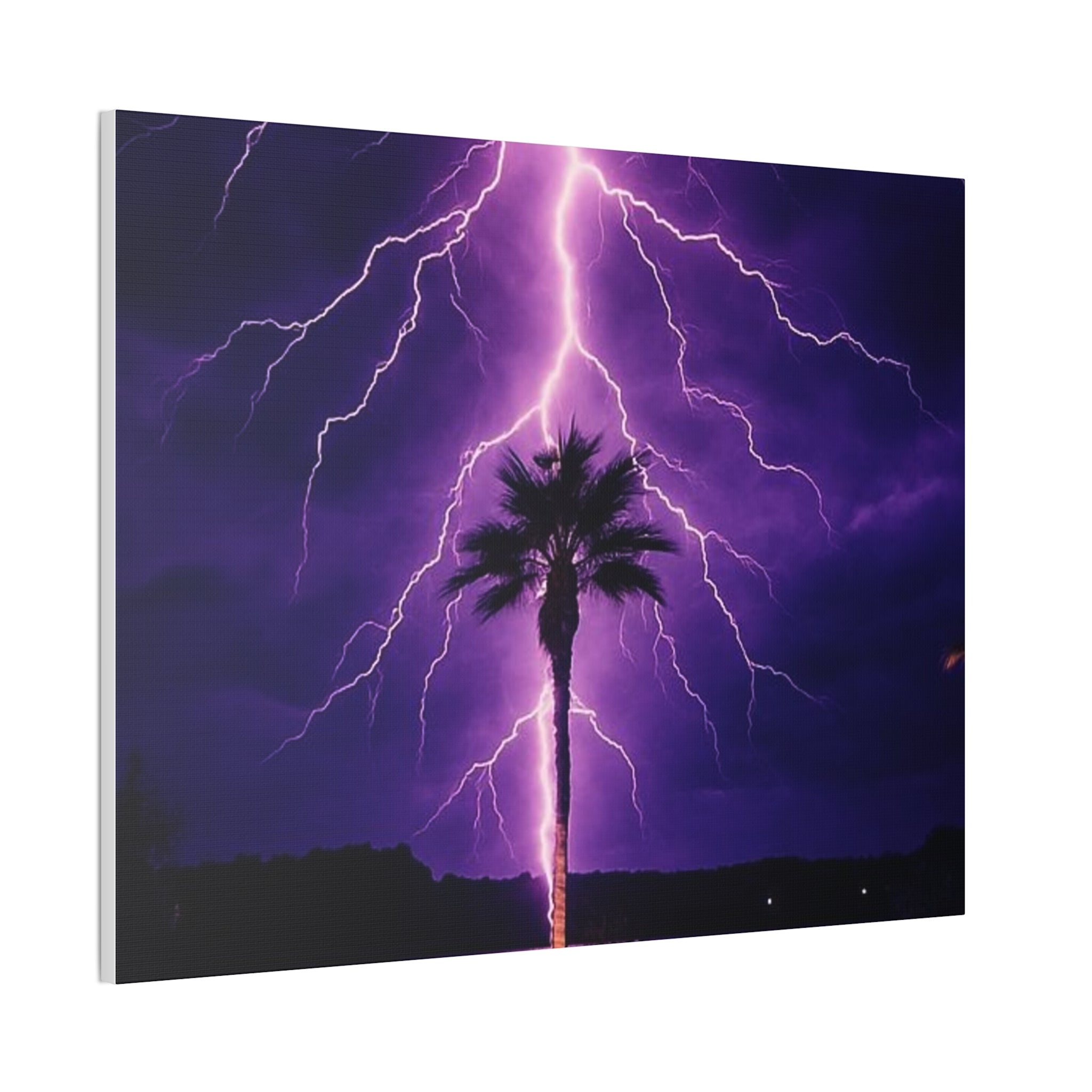 Purple Lightning Palm Tree Canvas Wall Art — Storm Photography Stretched Canvas
