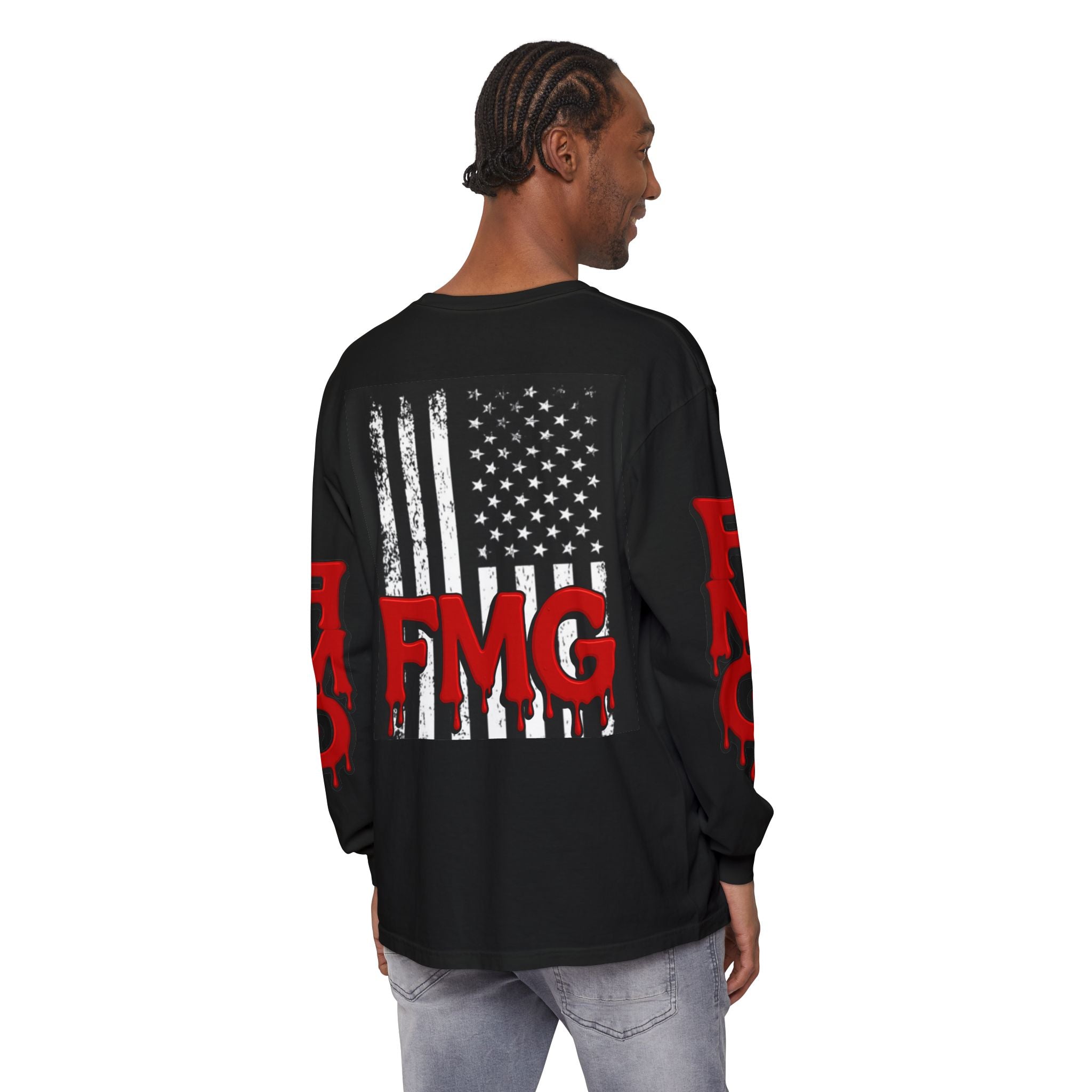 Long Sleeve T-Shirt — Distressed American Flag with Dripping "FMG" Sleeves
