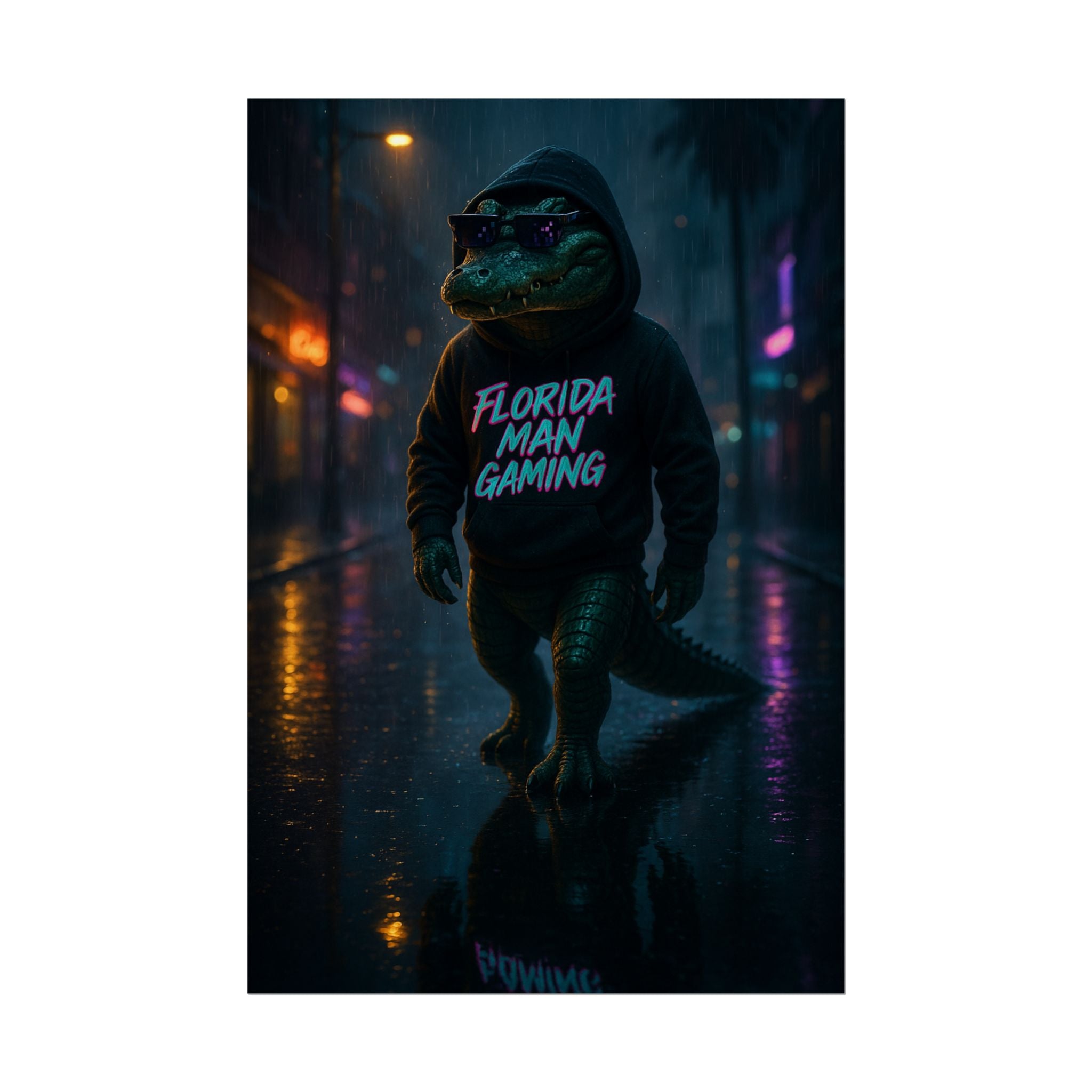Rolled Posters - Florida Man Gaming Alligator Neon Cyberpunk Scene