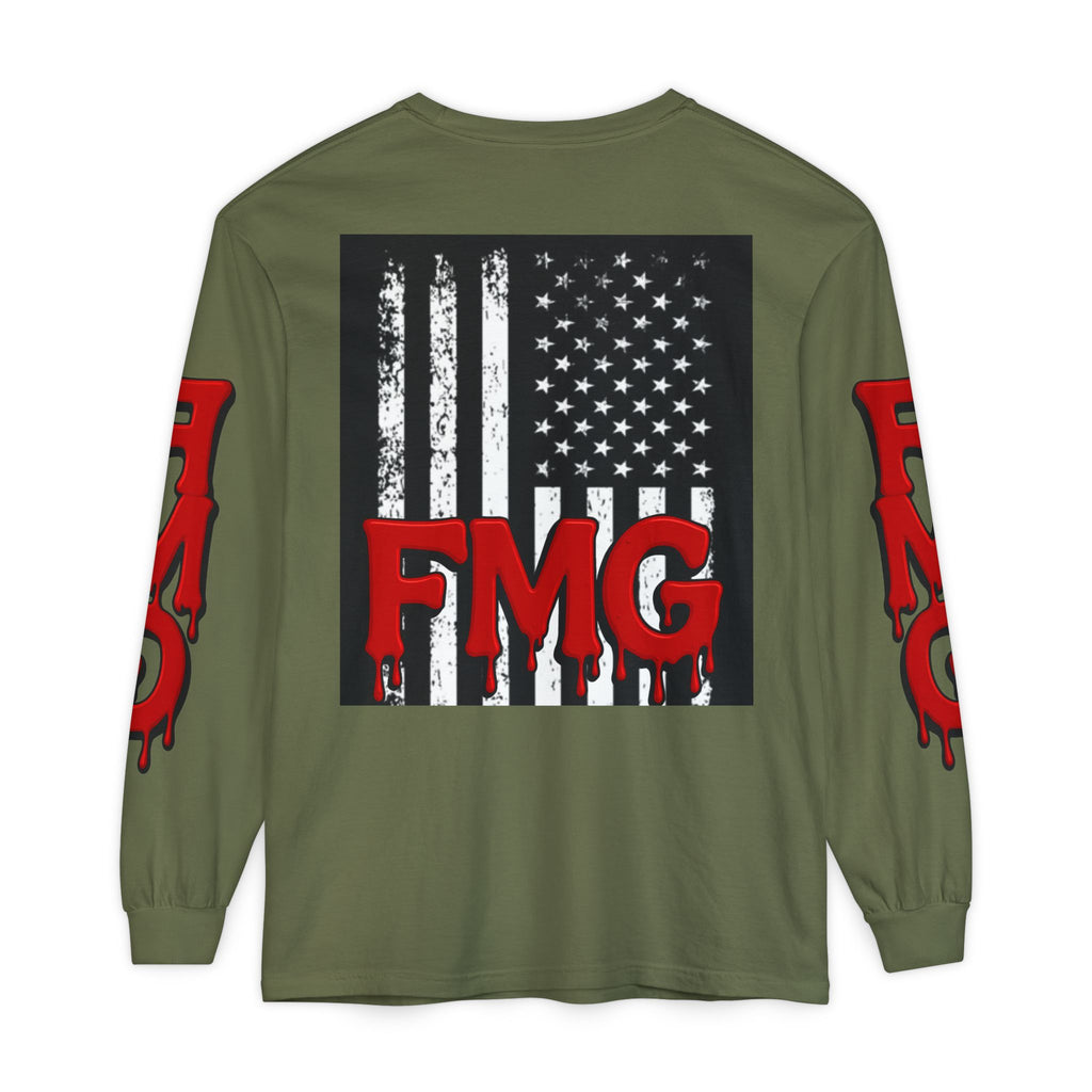 Long Sleeve T-Shirt — Distressed American Flag with Dripping "FMG" Sleeves