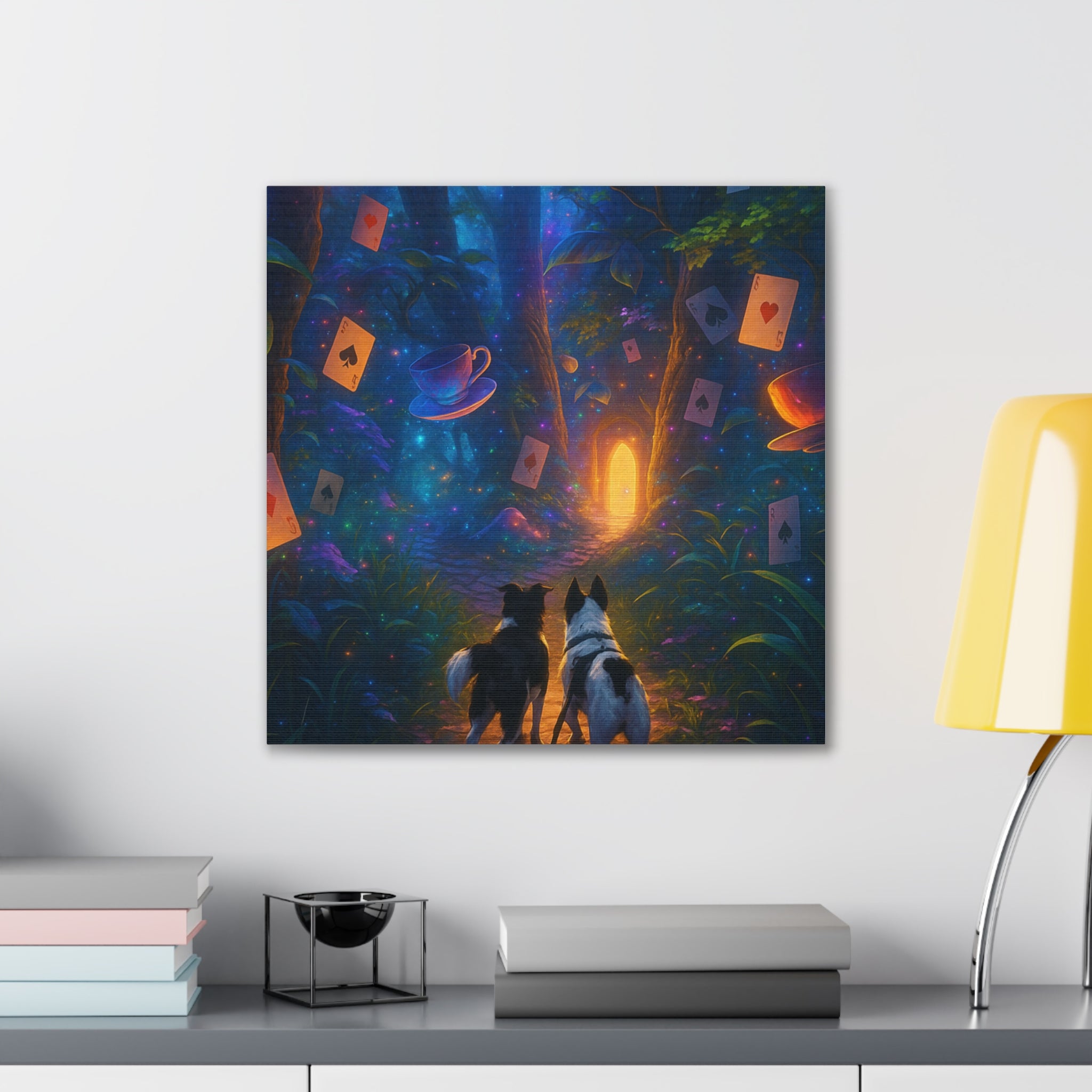 Magic Forest Canvas Wall Art — Dogs Exploring Wonderland with Glowing Door & Floating Playing Cards