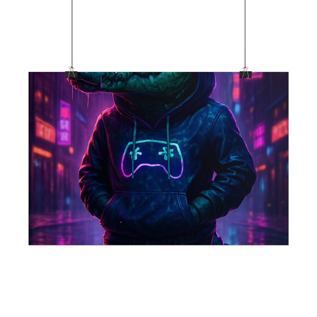 Rolled Posters - Florida Man Gaming Alligator Neon Gamer Hoodie Poster Print