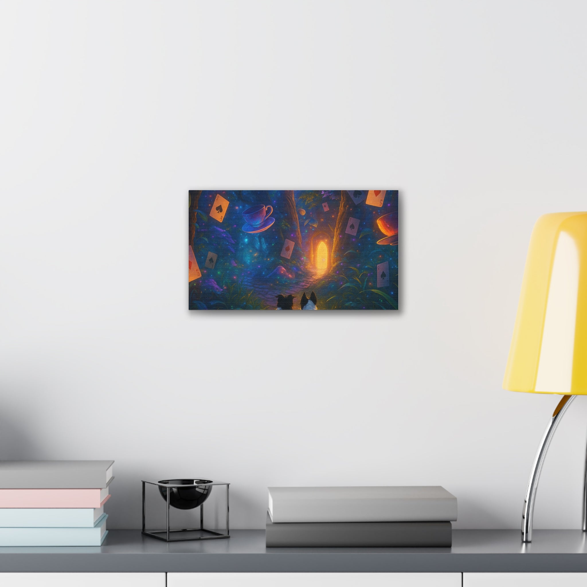 Magic Forest Canvas Wall Art — Dogs Exploring Wonderland with Glowing Door & Floating Playing Cards