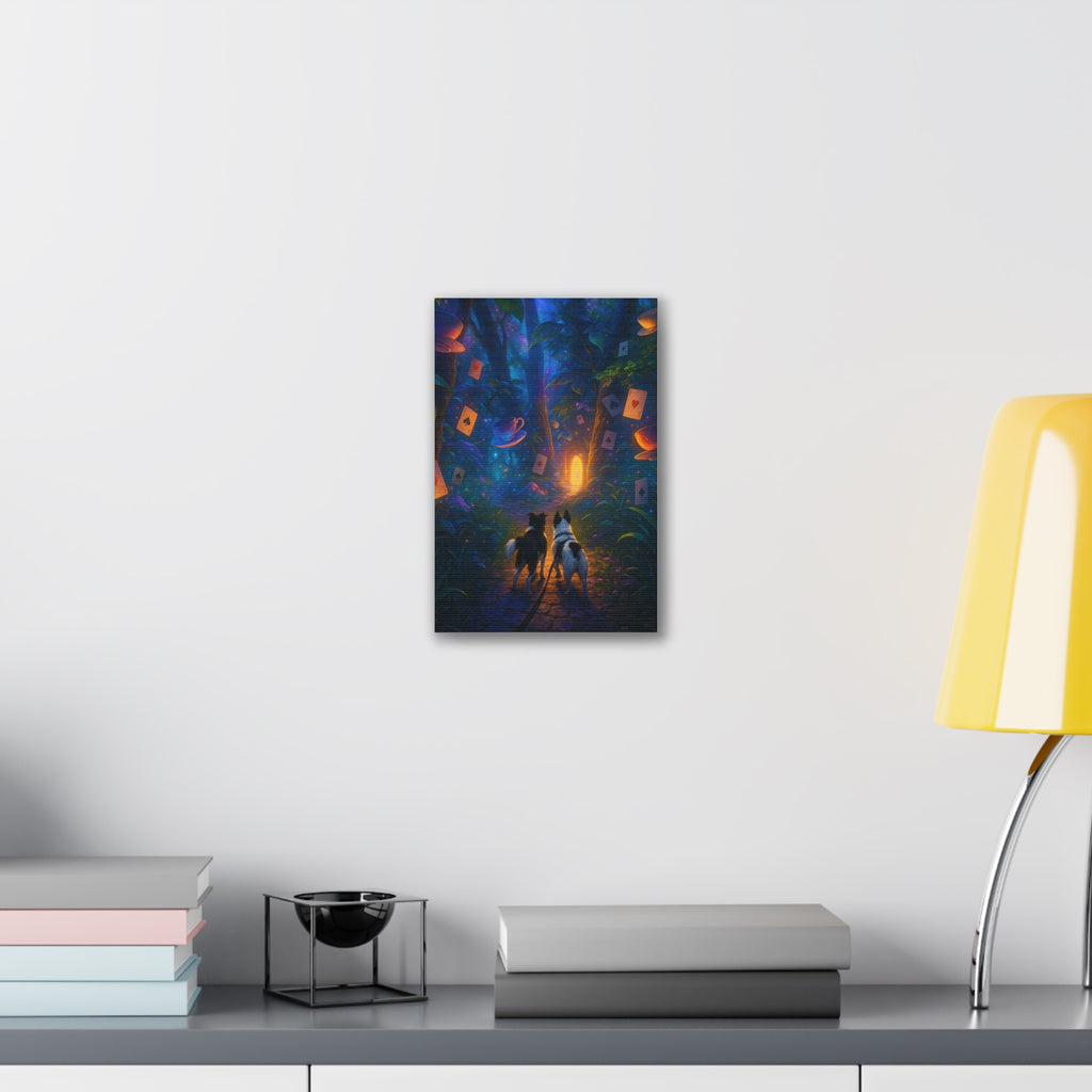 Magic Forest Canvas Wall Art — Dogs Exploring Wonderland with Glowing Door & Floating Playing Cards