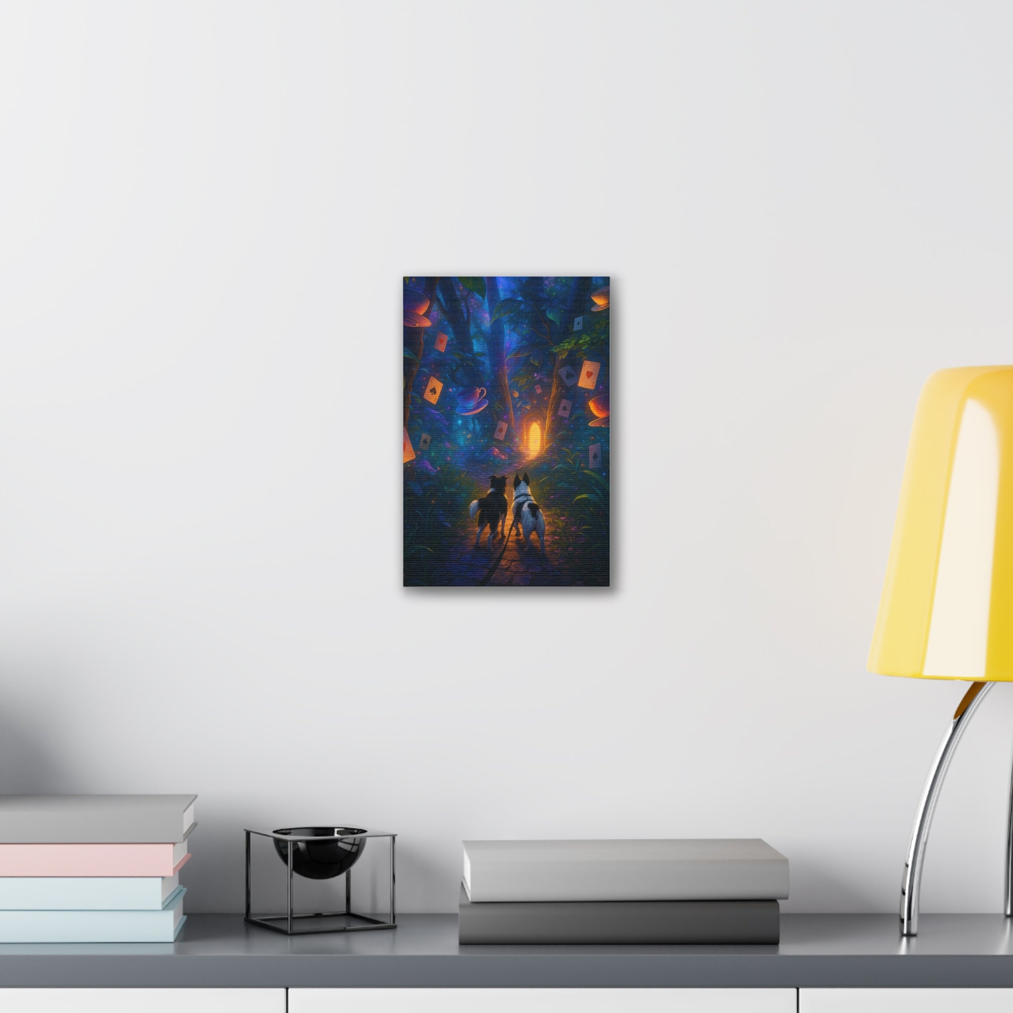 Magic Forest Canvas Wall Art — Dogs Exploring Wonderland with Glowing Door & Floating Playing Cards