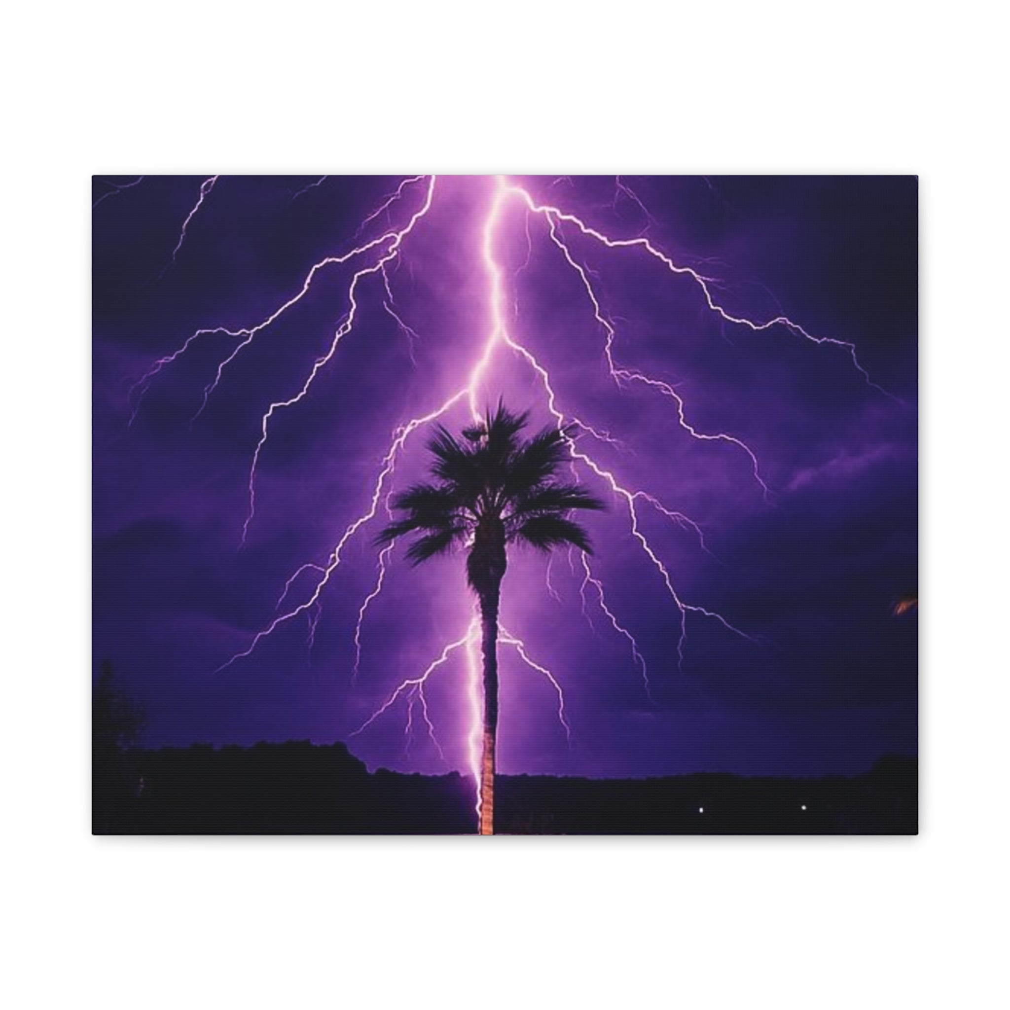 Purple Lightning Palm Tree Canvas Wall Art — Storm Photography Stretched Canvas