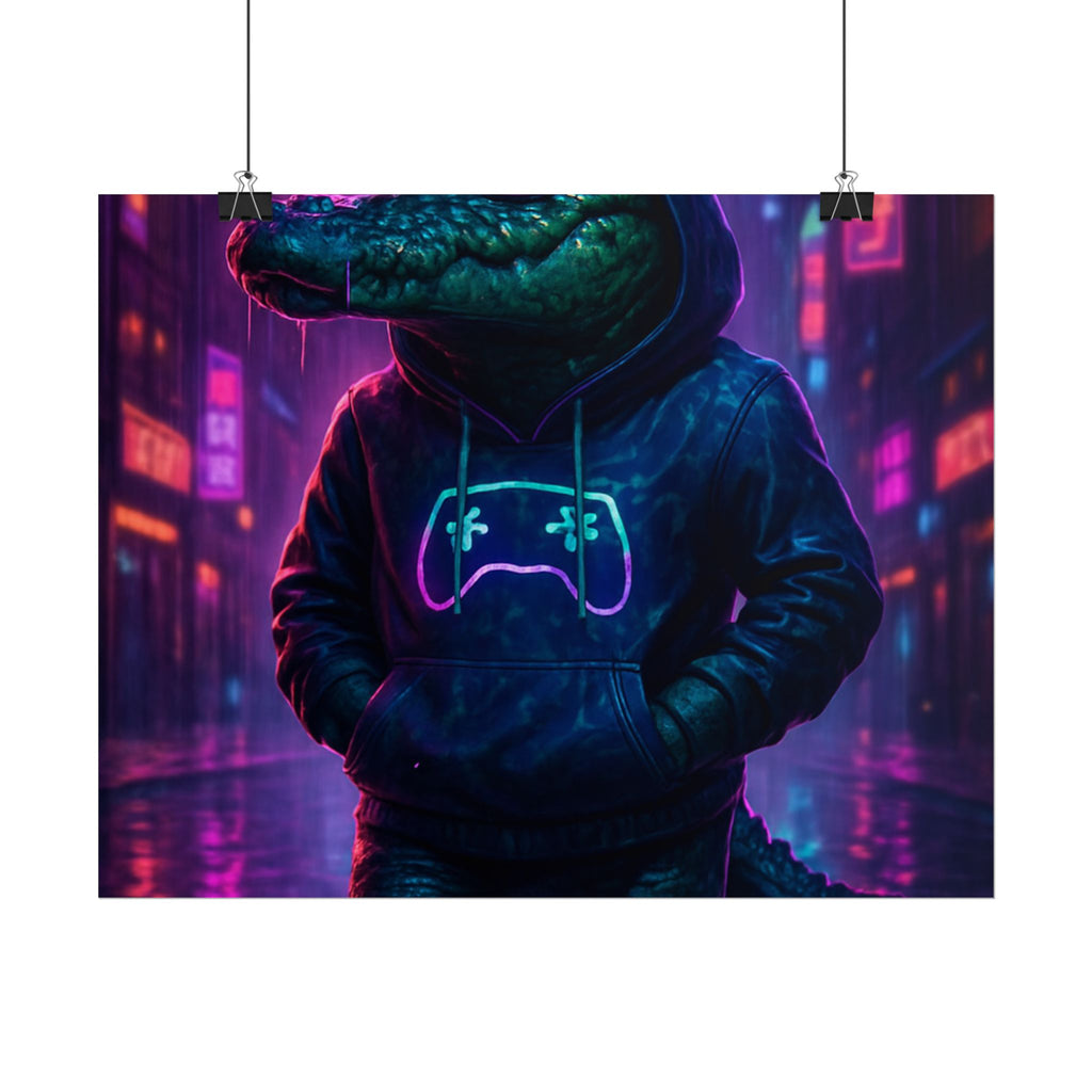 Rolled Posters - Florida Man Gaming Alligator Neon Gamer Hoodie Poster Print