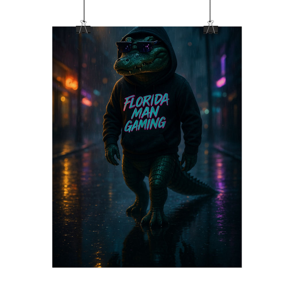Rolled Posters - Florida Man Gaming Alligator Neon Cyberpunk Scene