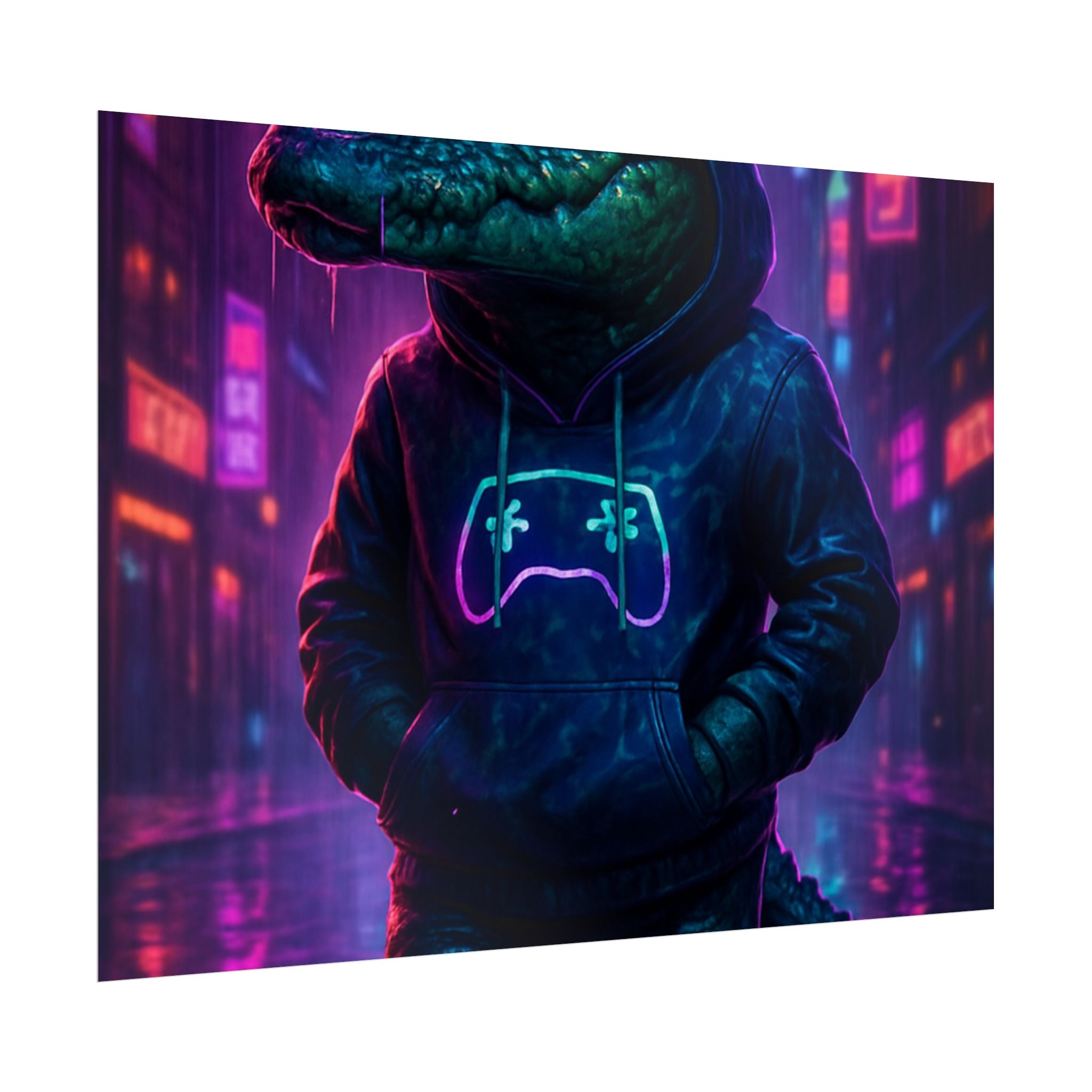 Rolled Posters - Florida Man Gaming Alligator Neon Gamer Hoodie Poster Print