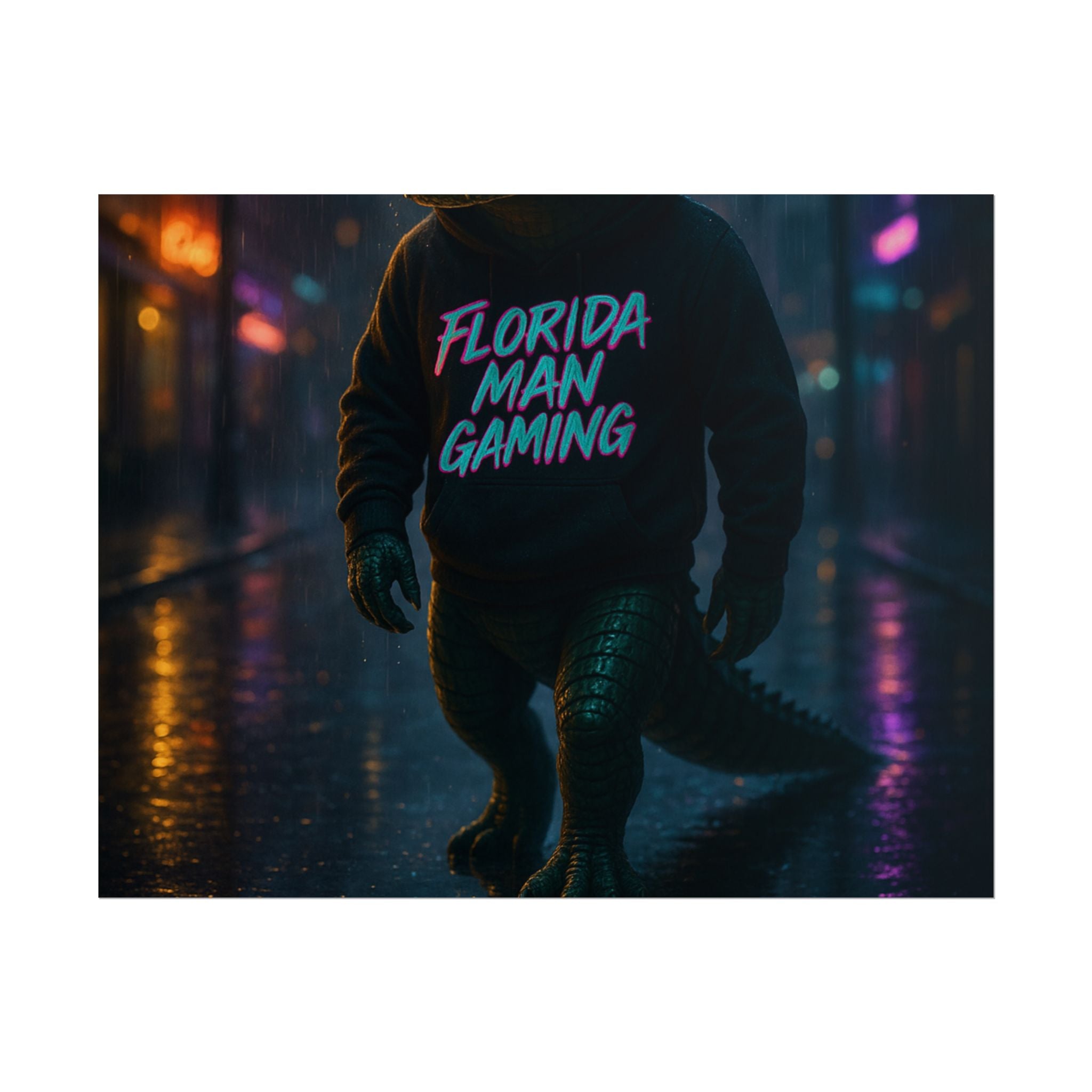 Rolled Posters - Florida Man Gaming Alligator Neon Cyberpunk Scene