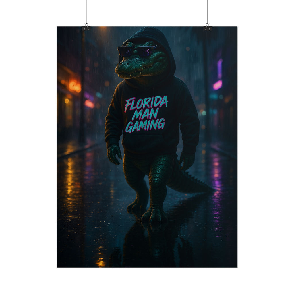 Rolled Posters - Florida Man Gaming Alligator Neon Cyberpunk Scene